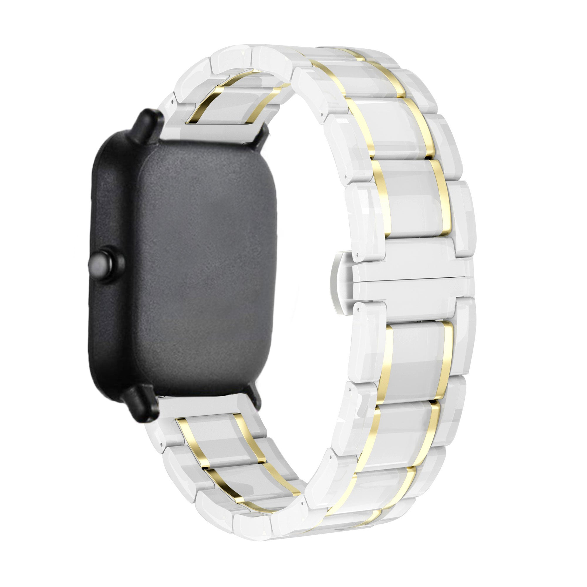 Eine schwarze Smartwatch mit weißem und goldenem Keramikband. Die Uhr befindet sich auf weißem Hintergrund.