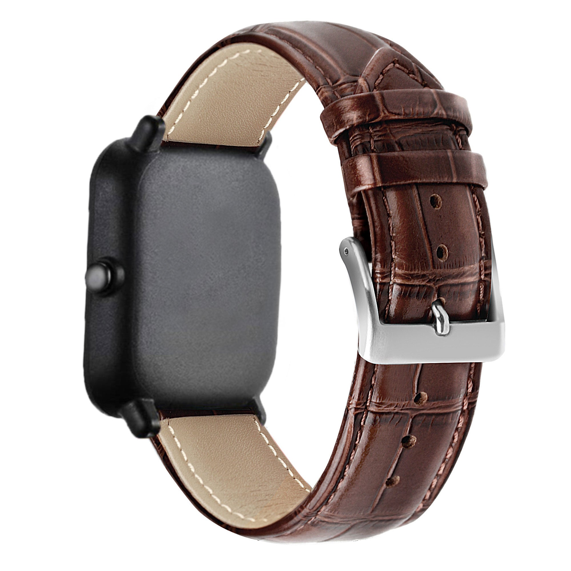 Eine schwarze Smartwatch mit braunem Lederarmband. Das Armband hat eine silberne Schnalle. Die Uhr befindet sich auf weißem Hintergrund.
