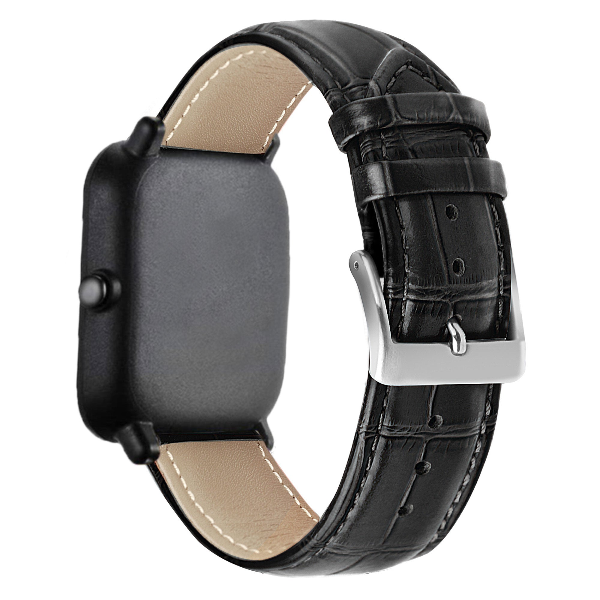 Schwarze Smartwatch mit Lederarmband. Silberne Schnalle. Cremefarbenes Innenband. Weißer Hintergrund.
