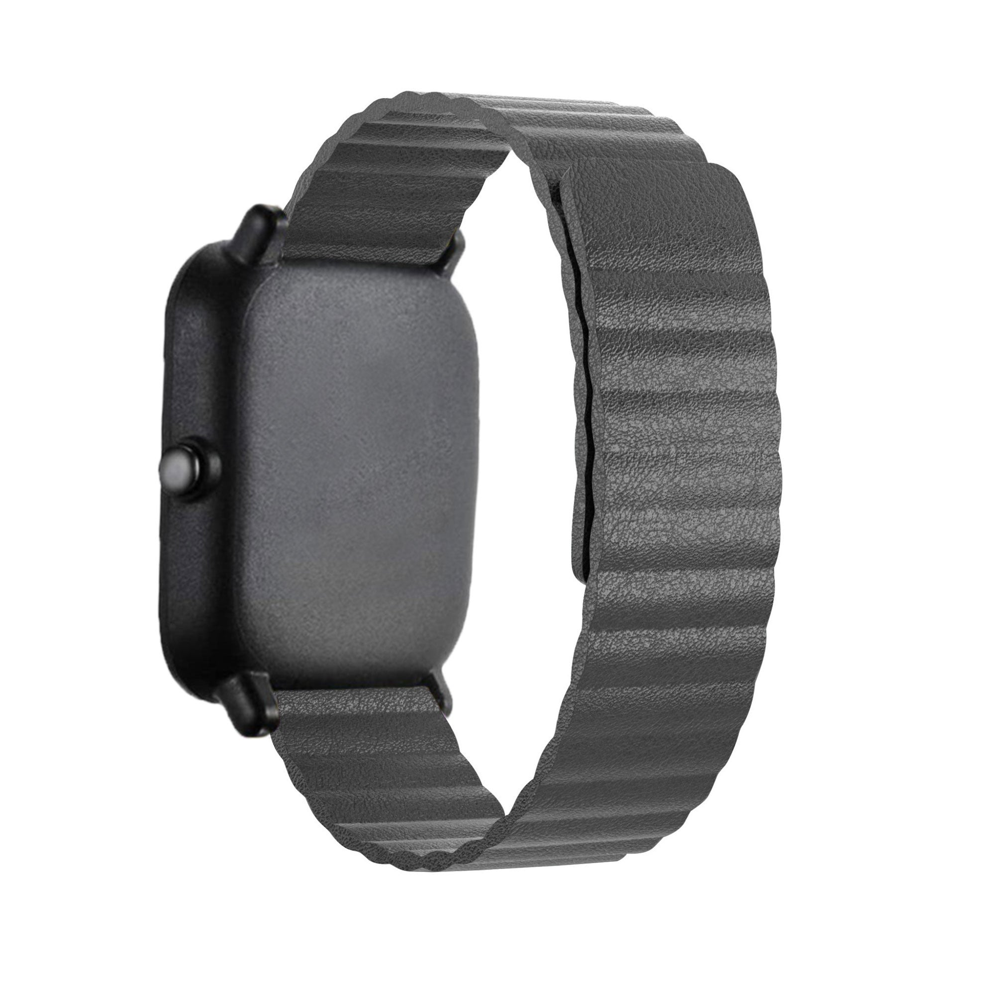 Eine schwarze Smartwatch mit schwarzem Armband. Das Armband hat eine strukturierte Oberfläche. Die Uhr ist freigestellt.