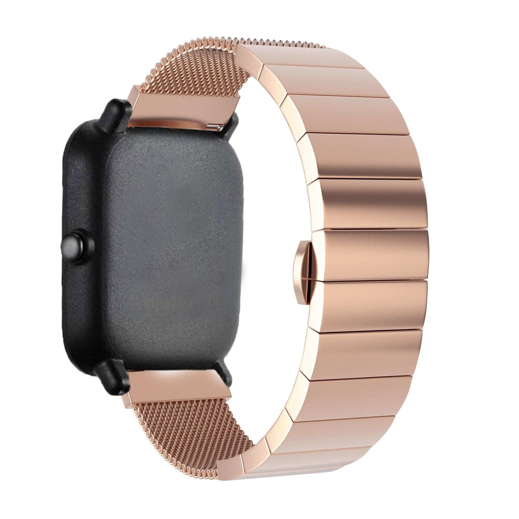 Roségoldene Smartwatch mit schwarzem Zifferblatt und Metallarmband. Das Armband ist teilweise aus Mesh und teilweise aus festen Gliedern.