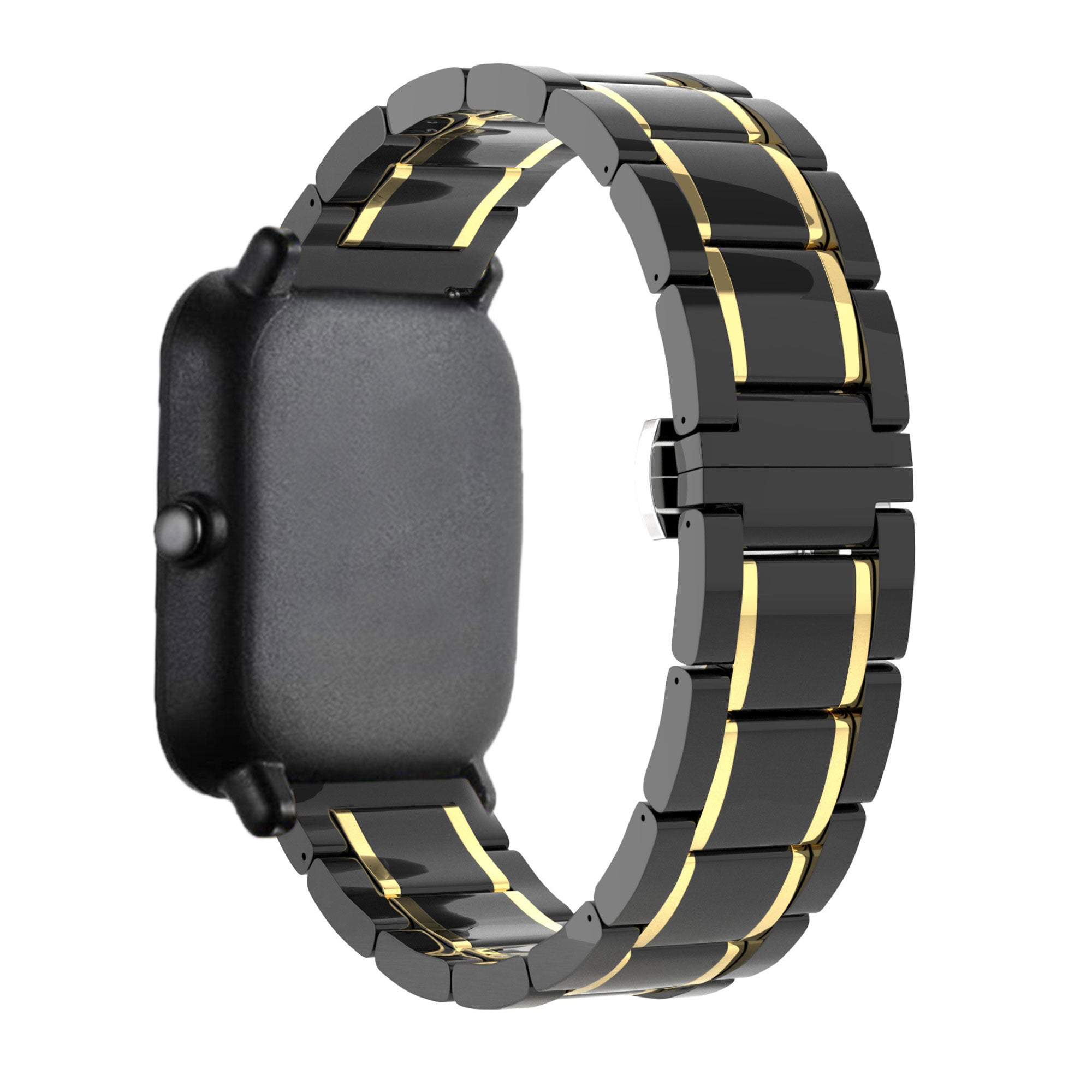Eine schwarze Smartwatch mit goldfarbenem Band vor weißem Hintergrund.