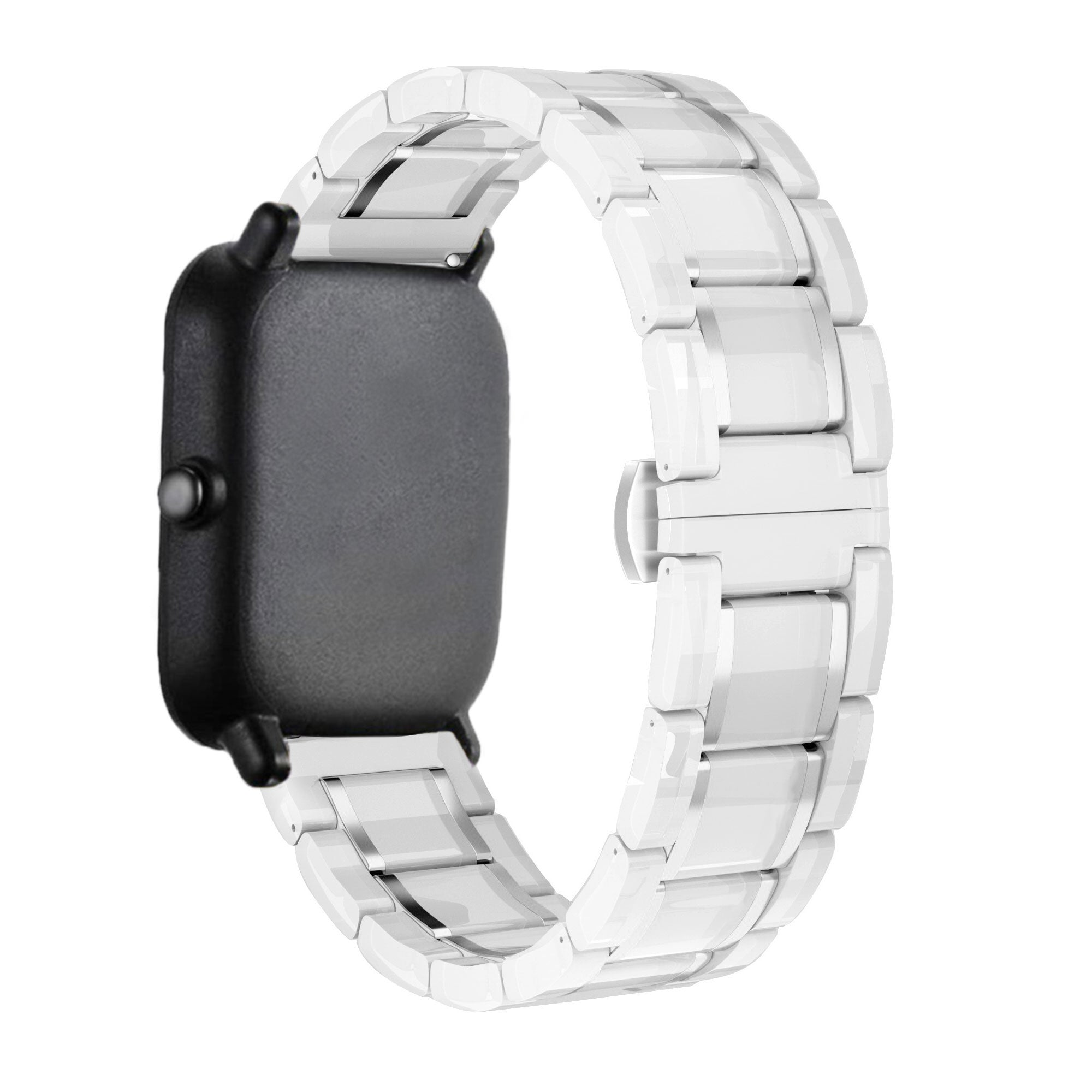 Eine schwarze Smartwatch mit weißem Keramikarmband. Das Zifferblatt ist rechteckig. Das Armband besteht aus glänzenden, weißen Gliedern.