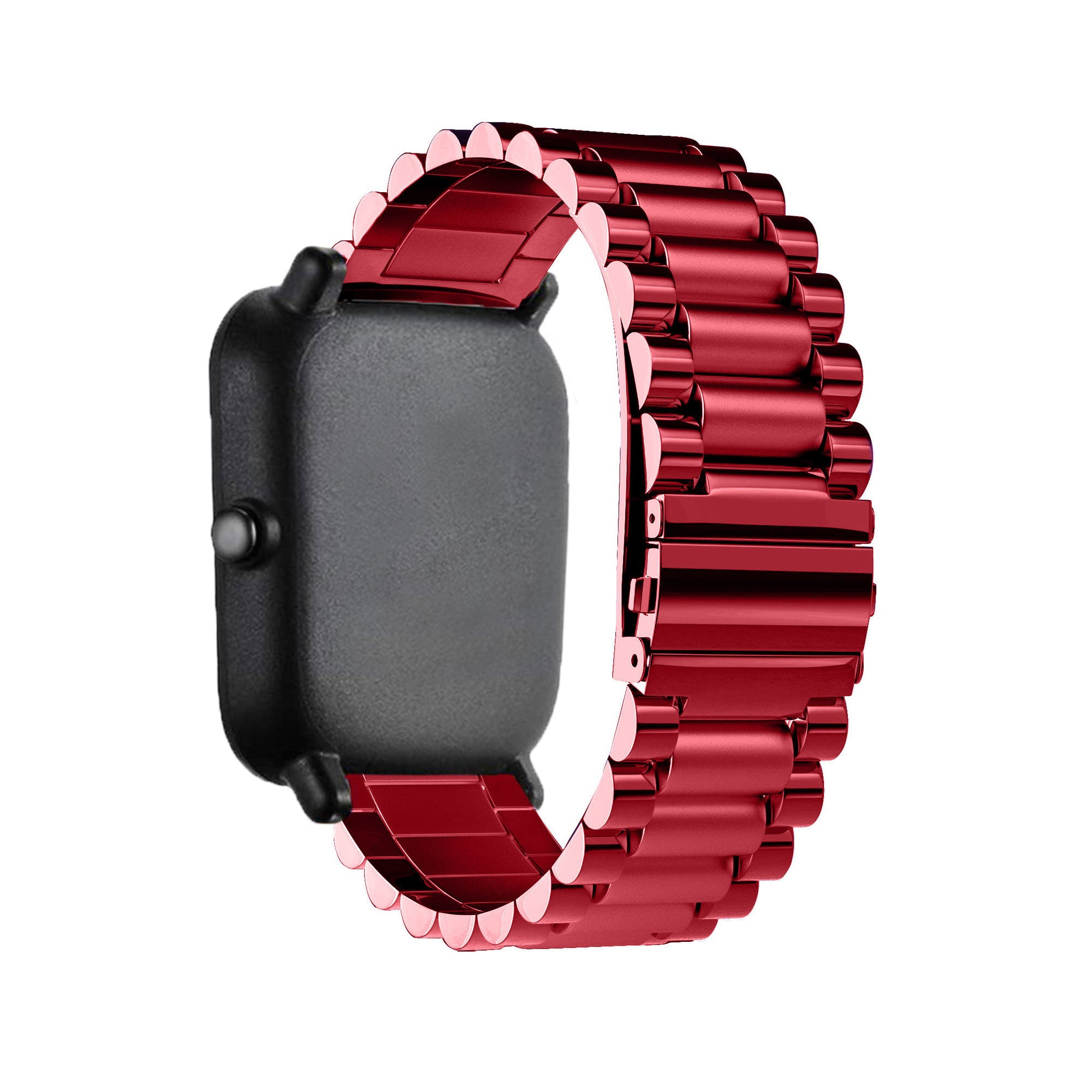 Eine schwarze Smartwatch mit rotem Metallband. Das Band ist verbunden und umschließt die Uhr. Vor weißem Hintergrund.