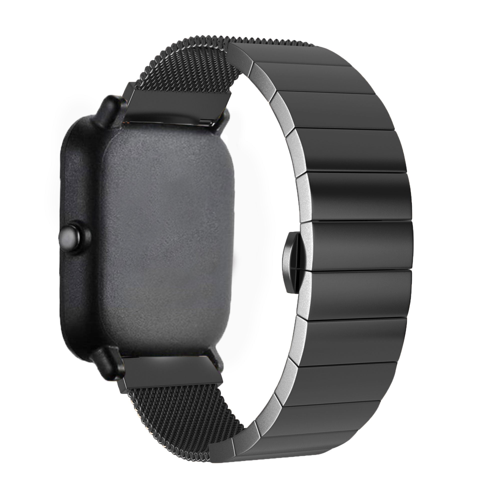 Schwarze Smartwatch auf weißem Hintergrund, die das Zifferblatt und das Armband zeigt. Das Armband ist aus Metall, mit Mesh- und festen Segmenten.