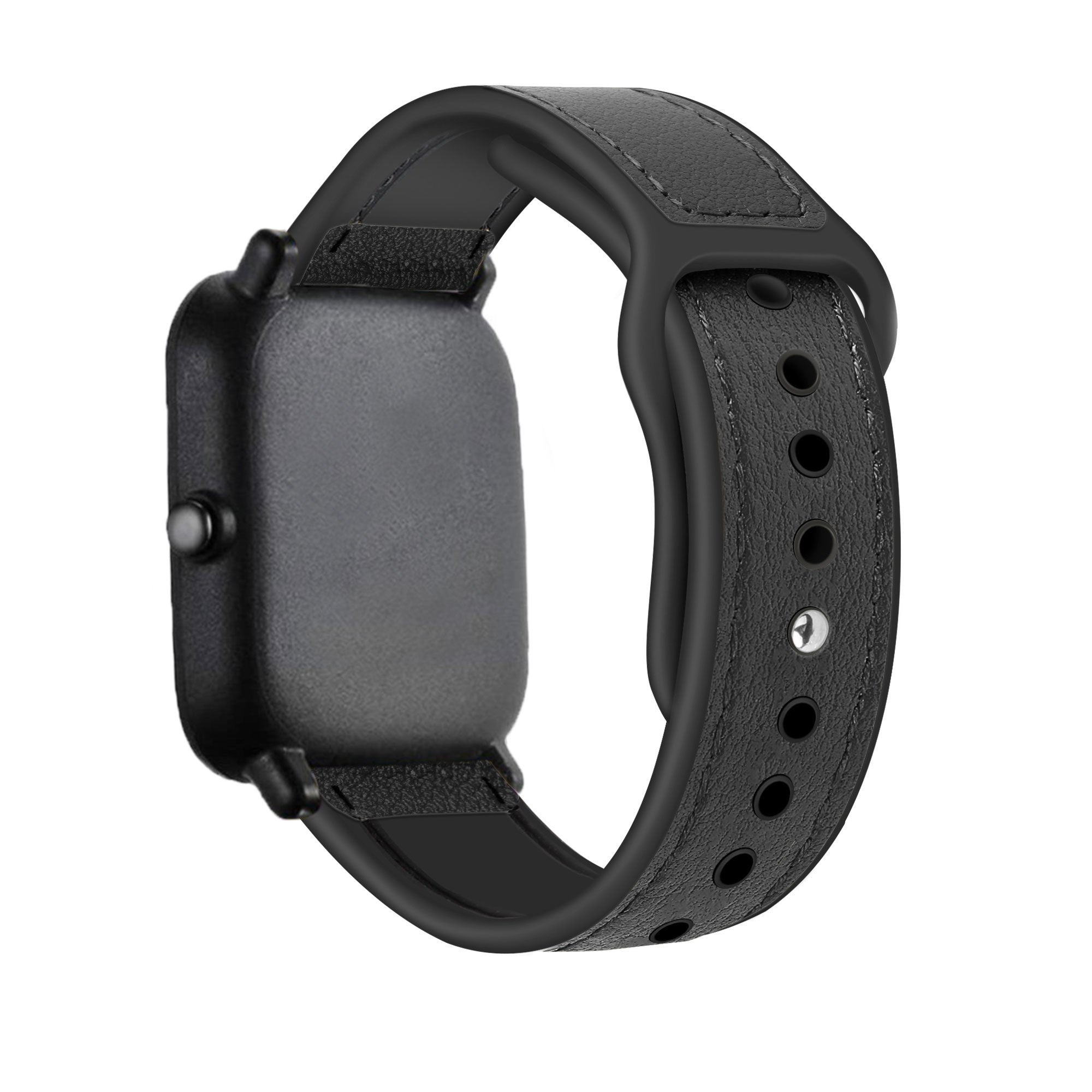 Schwarze Smartwatch mit Lederarmband. Die Uhr hat einen quadratischen Bildschirm und einen Knopf. Das Armband hat Löcher und eine Schnalle.
