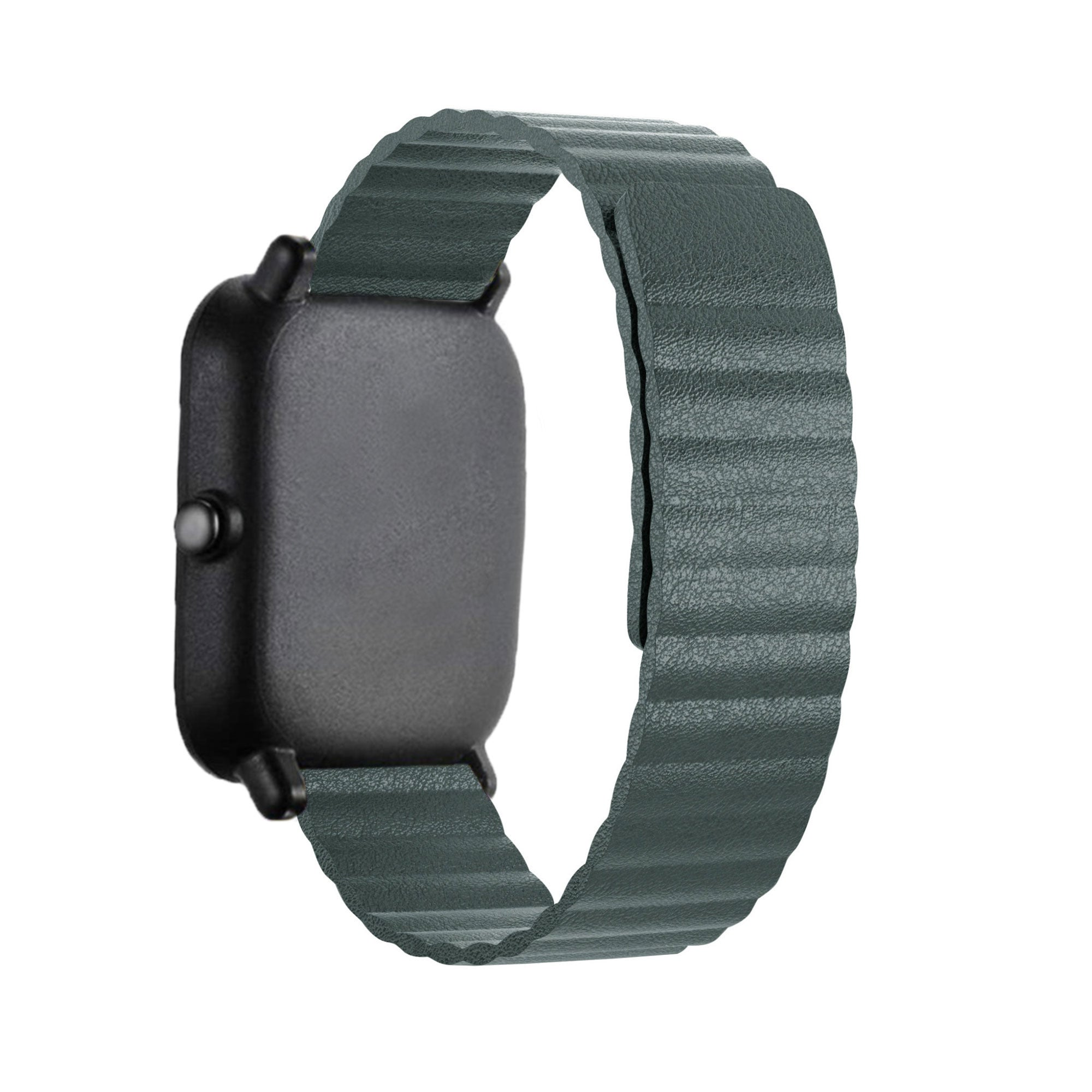 Eine schwarze Smartwatch mit grauem Armband. Das Armband ist strukturiert, die Uhr vor weißem Hintergrund.