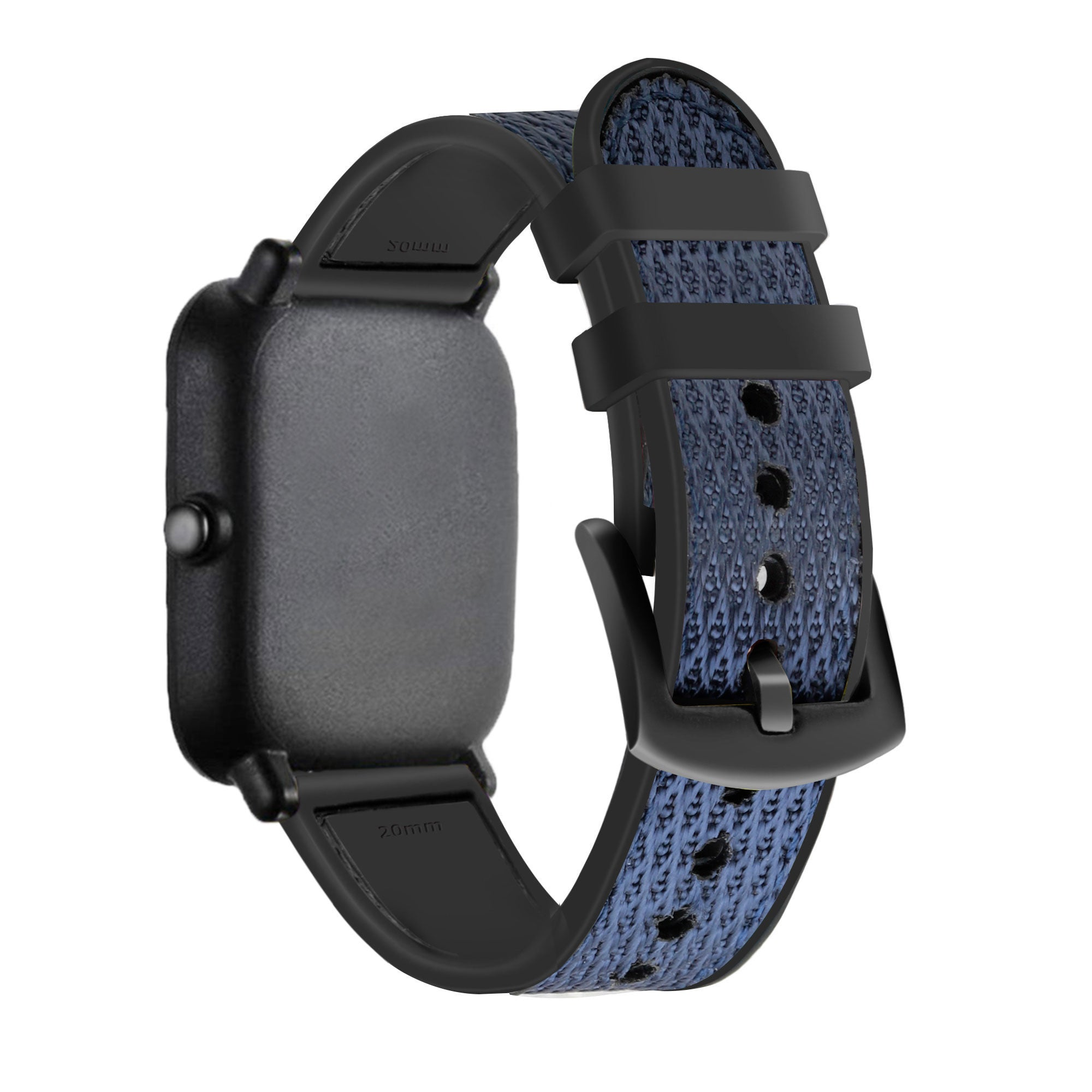 Eine schwarze Smartwatch mit blau gemustertem Armband wird angezeigt. Die Uhr befindet sich auf weißem Hintergrund.