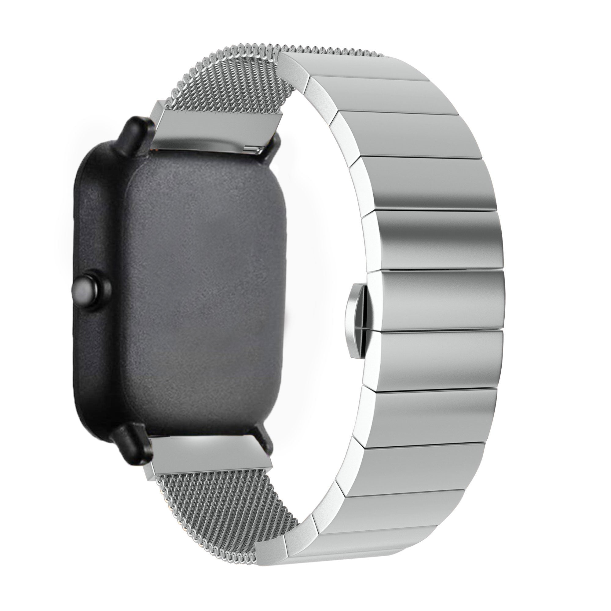 Eine schwarze Smartwatch mit silbernem Metallband wird gezeigt. Die Uhr befindet sich auf weißem Hintergrund. Das Band ist teilweise geschlossen.