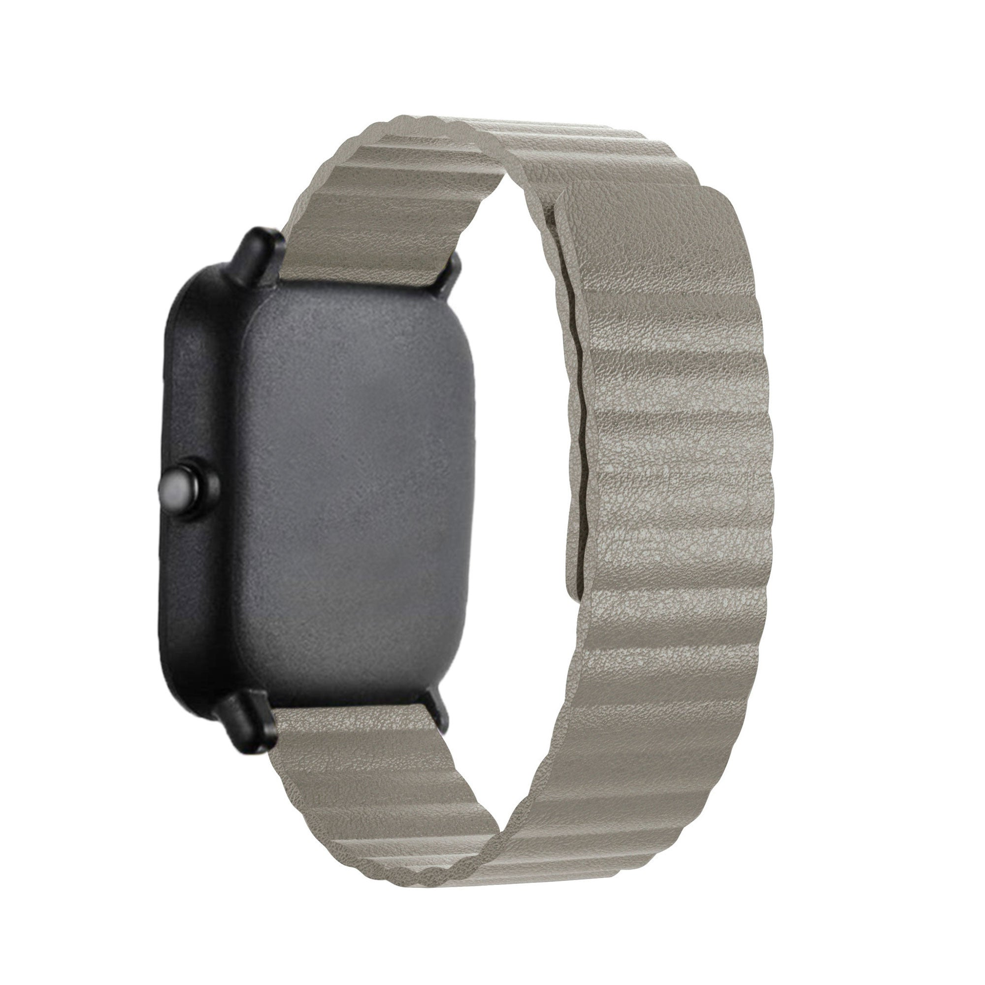 Eine schwarze Smartwatch mit grauem Armband wird gezeigt. Das Armband hat eine geriffelte Textur. Die Uhr ist nach rechts abgewinkelt.