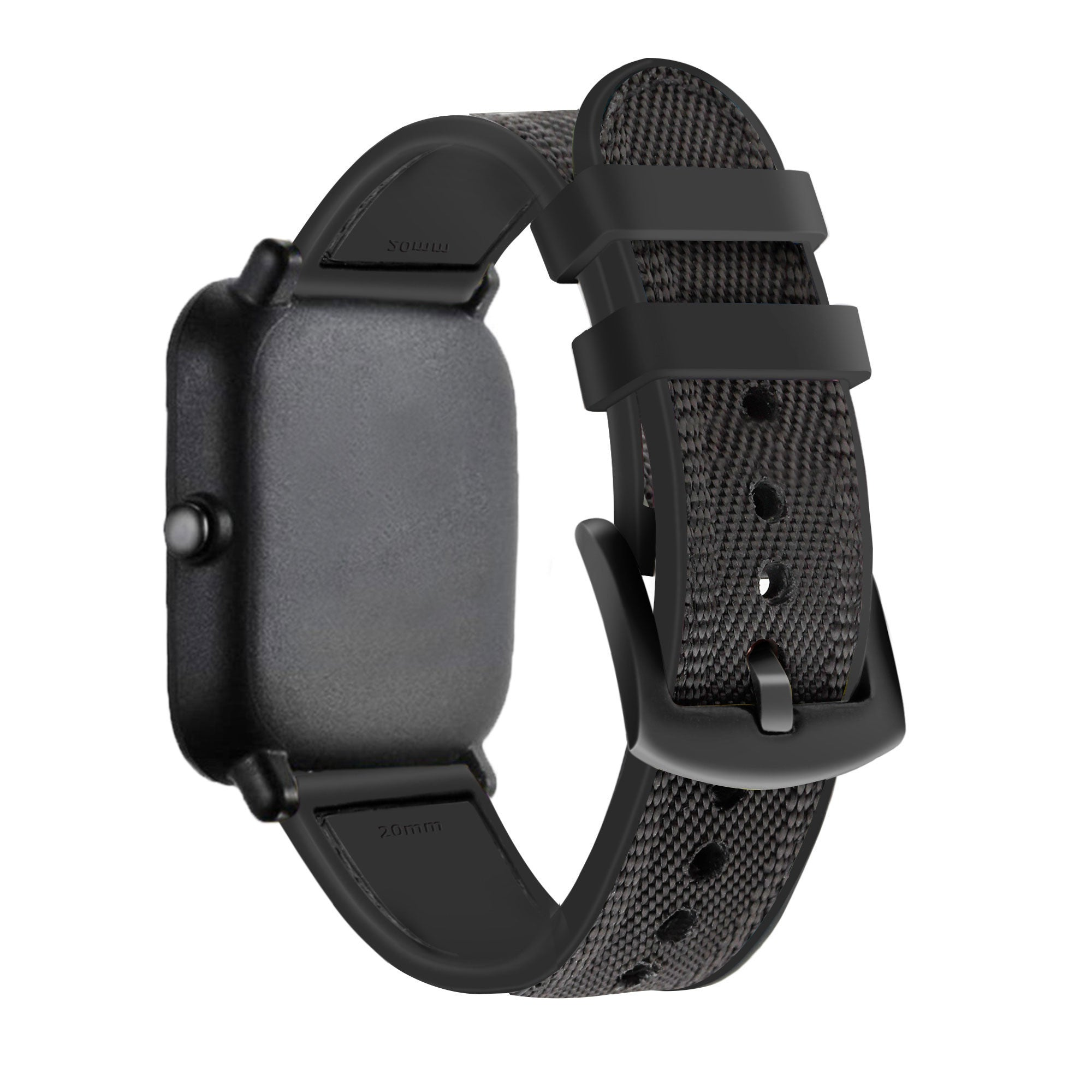 Eine schwarze Smartwatch mit schwarzem und grauem Stoffarmband wird vor weißem Hintergrund angezeigt.