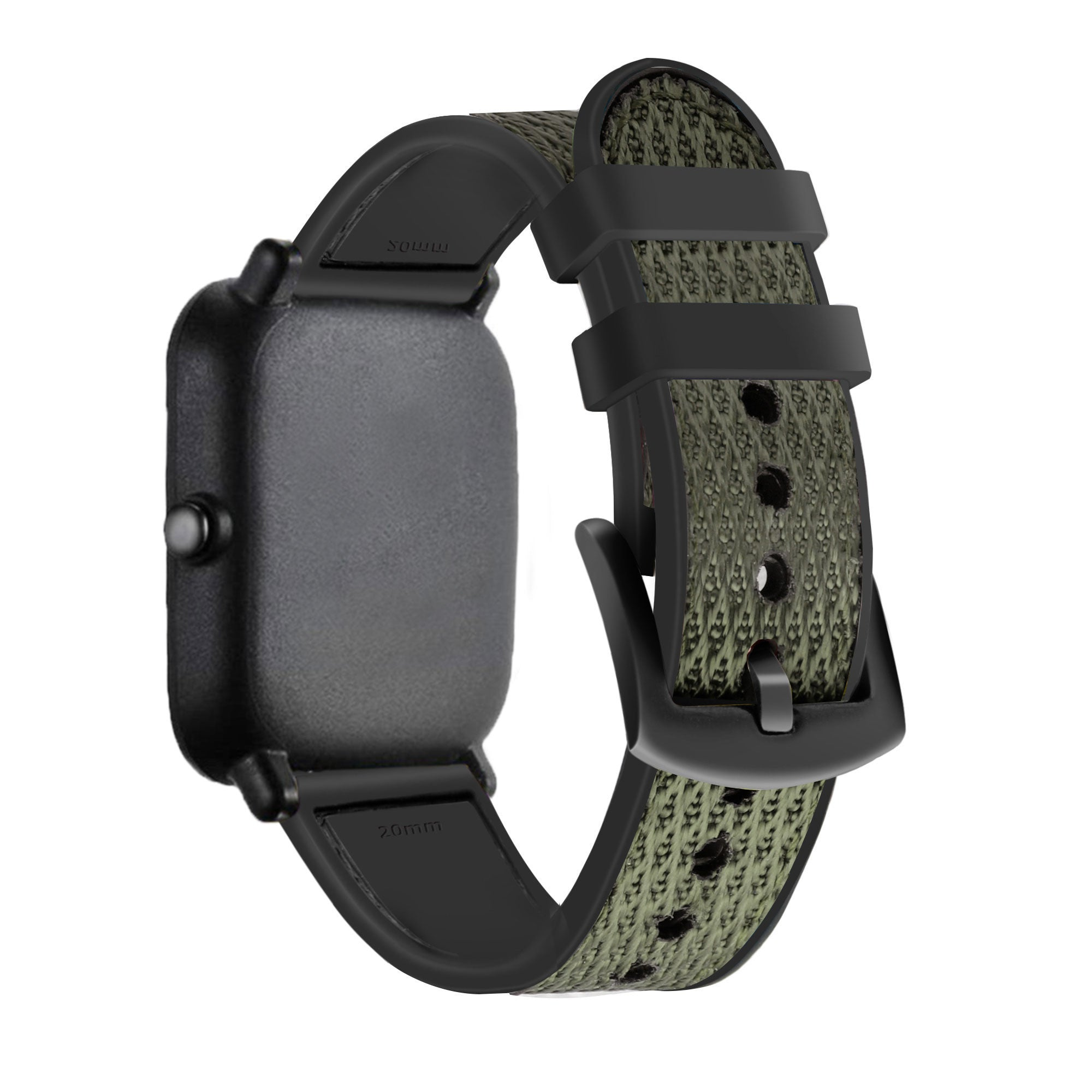 Eine schwarze Smartwatch mit grün gemustertem Armband. Die Uhr ist rechteckig. Das Armband hat Löcher und eine schwarze Schnalle.