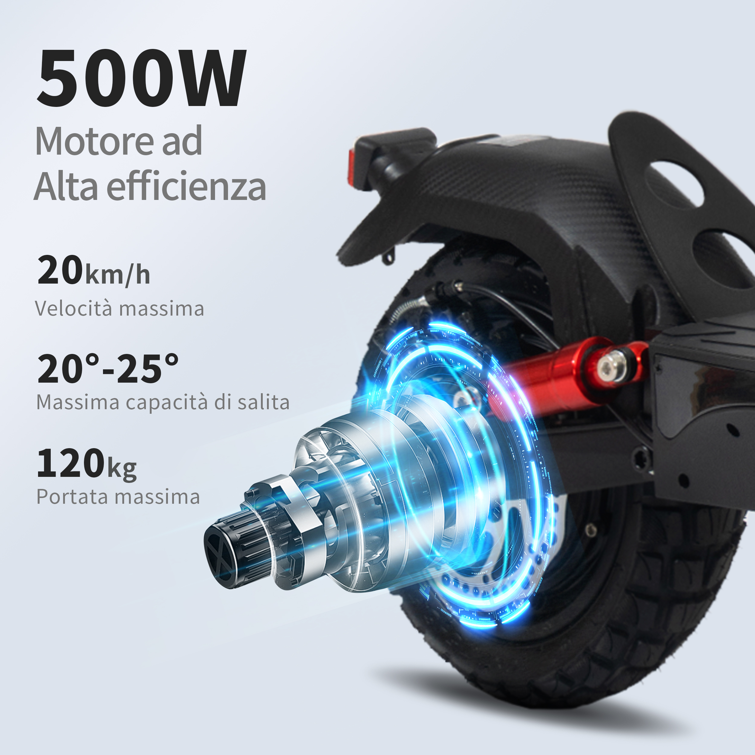 Ruota di scooter elettrico con info: motore 500W, velocità max 20km/h, capacità salita 20-25° e carico max 120kg.