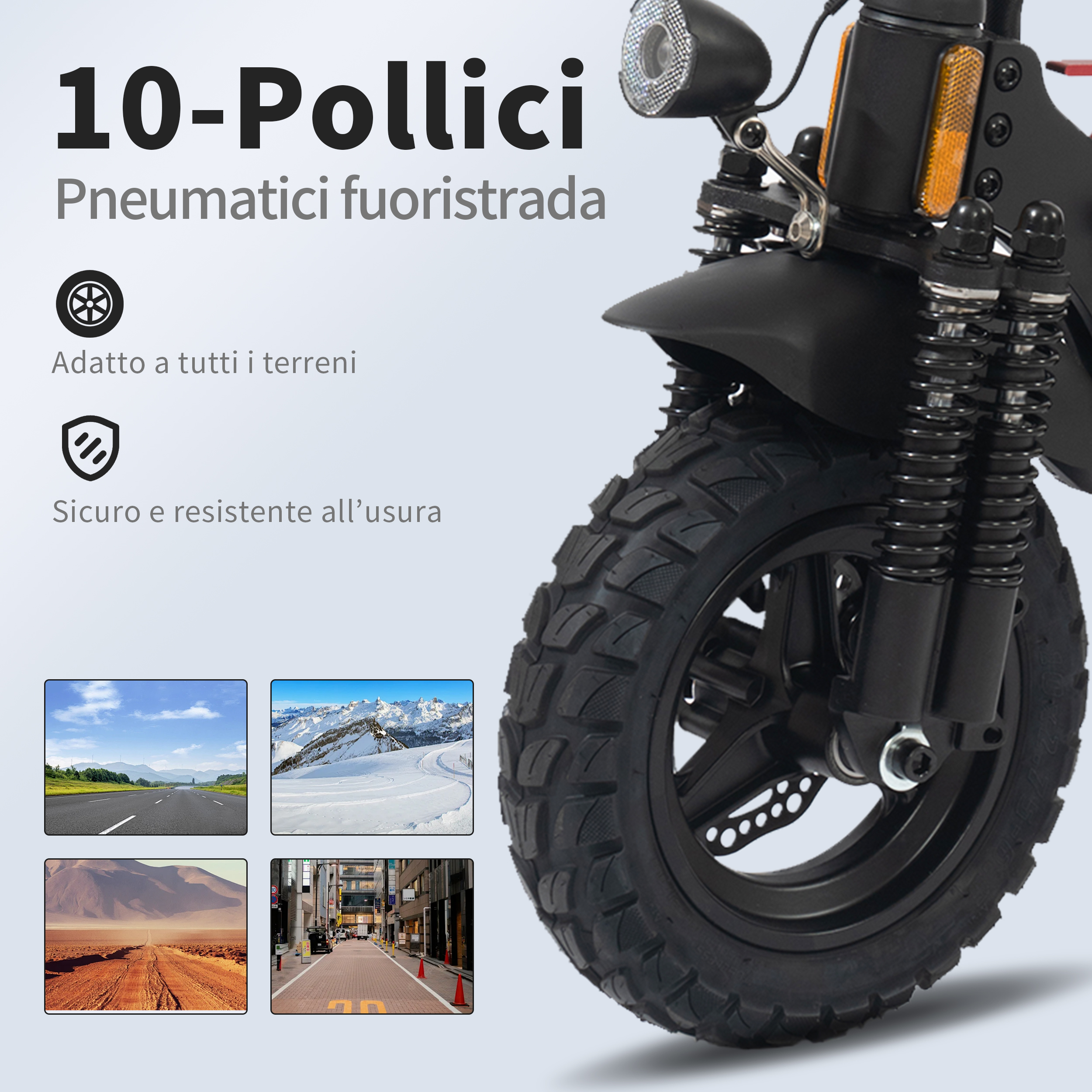 Un pneumatico per scooter fuoristrada con superficie strutturata. Il testo include '10-Pollici' e icone per terreno e sicurezza.