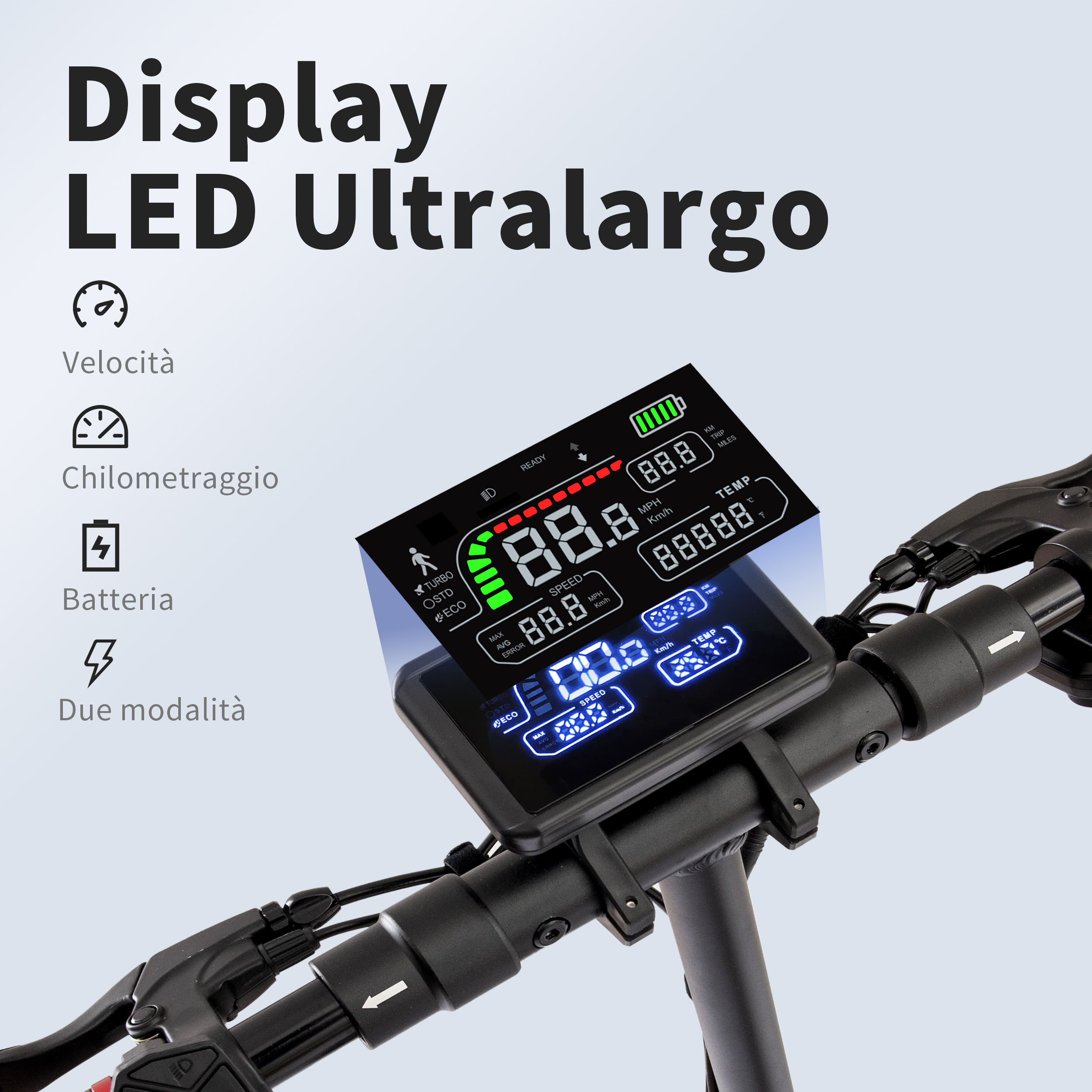 Un display di e-scooter mostra velocità, batteria e temperatura. Testo: Display LED Ultralargo. Lo sfondo è azzurro.