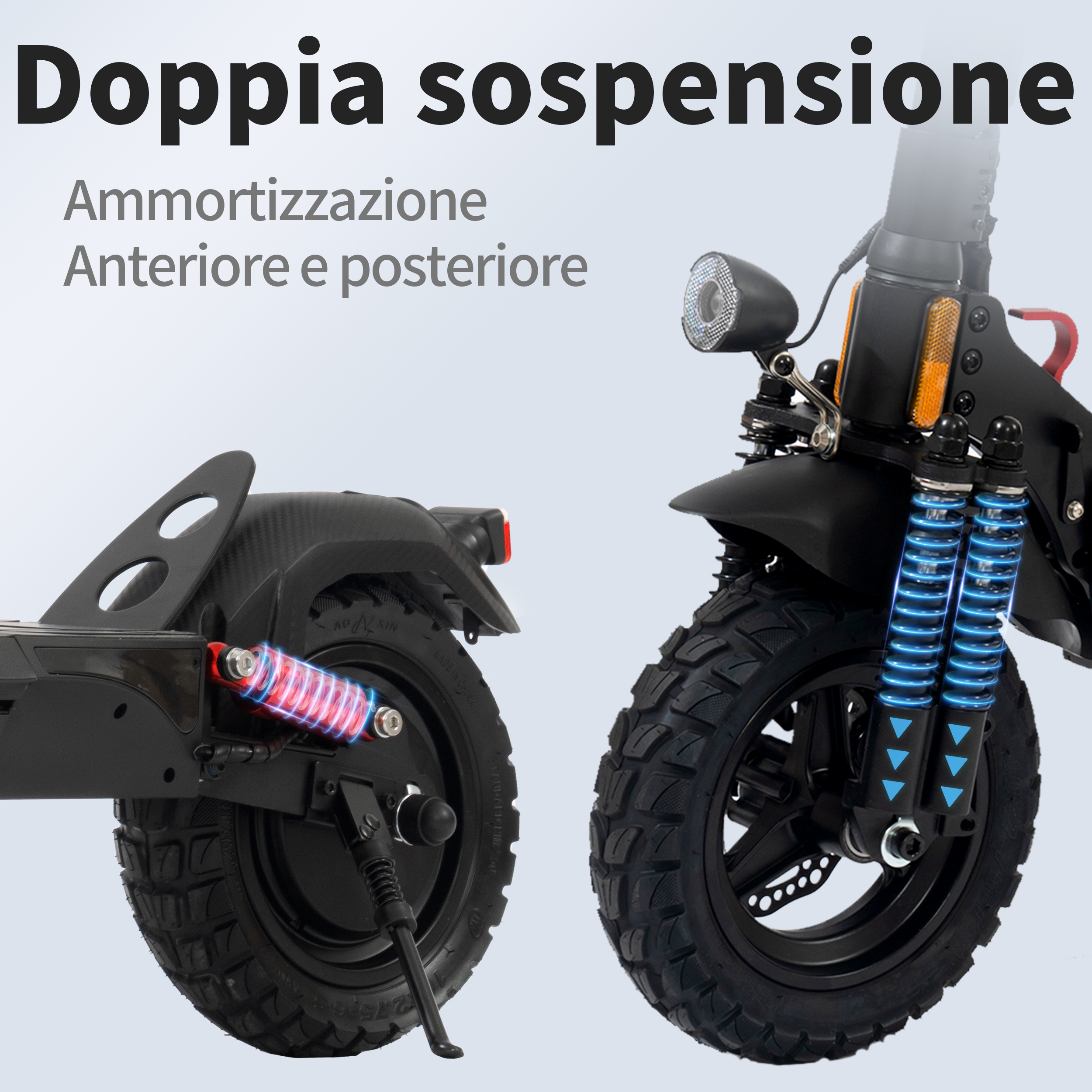È mostrato un monopattino elettrico con doppia sospensione. Le sue ruote e sospensioni sono nere e lo sfondo è bianco.