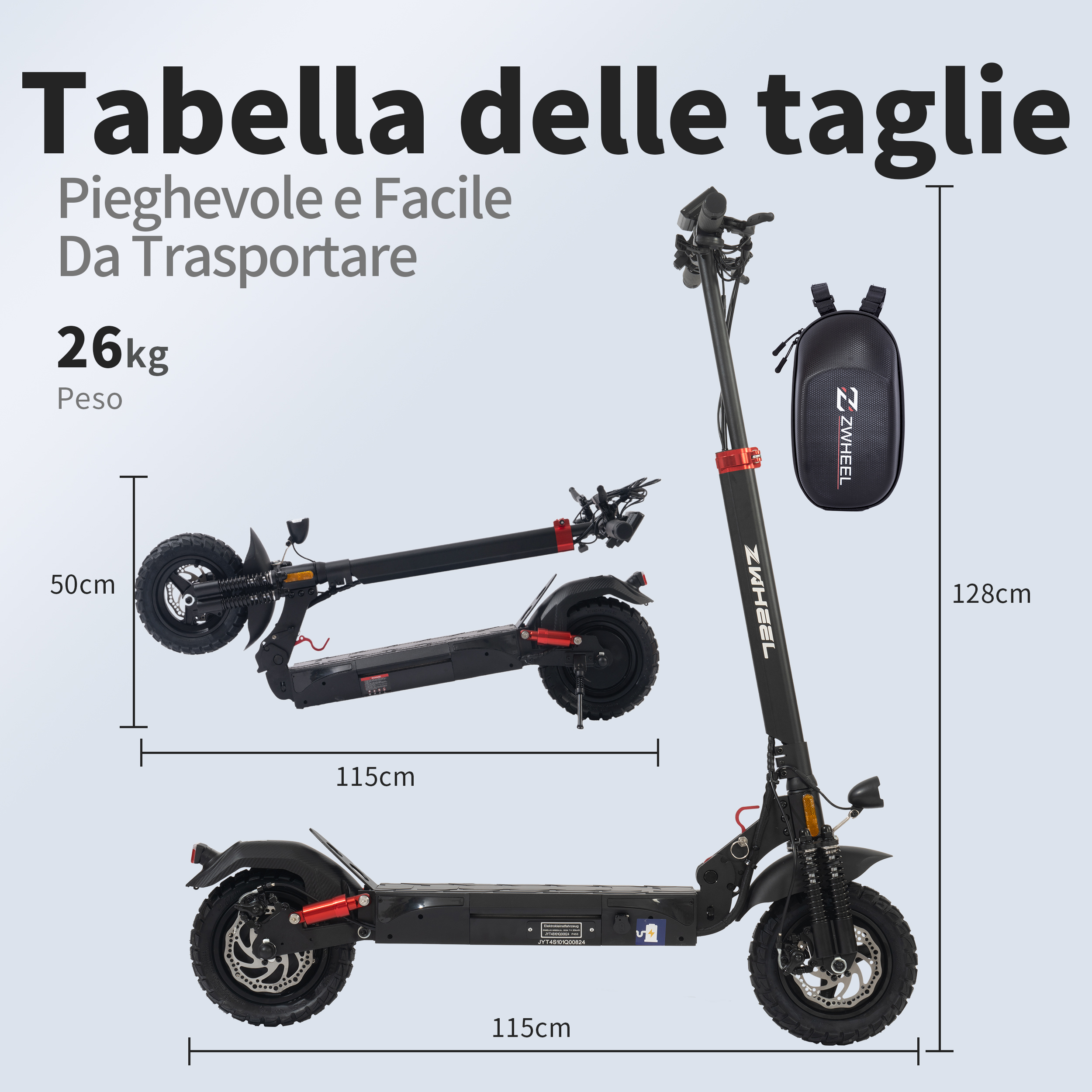 Un'immagine mostra un monopattino elettrico ZWheel nero con dimensioni. Lo scooter è aperto e piegato, e una borsa è attaccata.