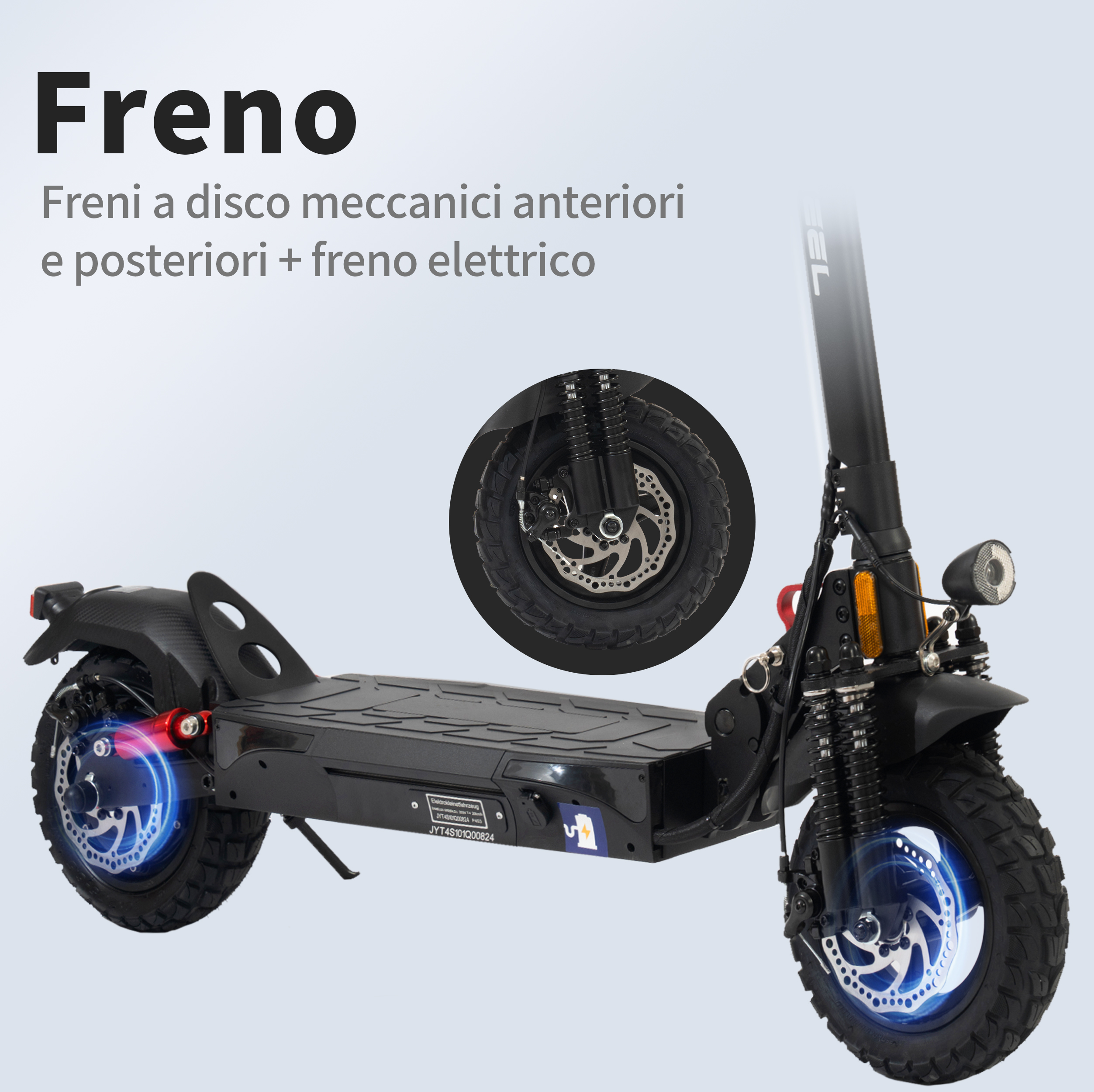 Scooter elettrico nero con freni a disco, pneumatici neri e faro. Testo in italiano: 'Freno'.