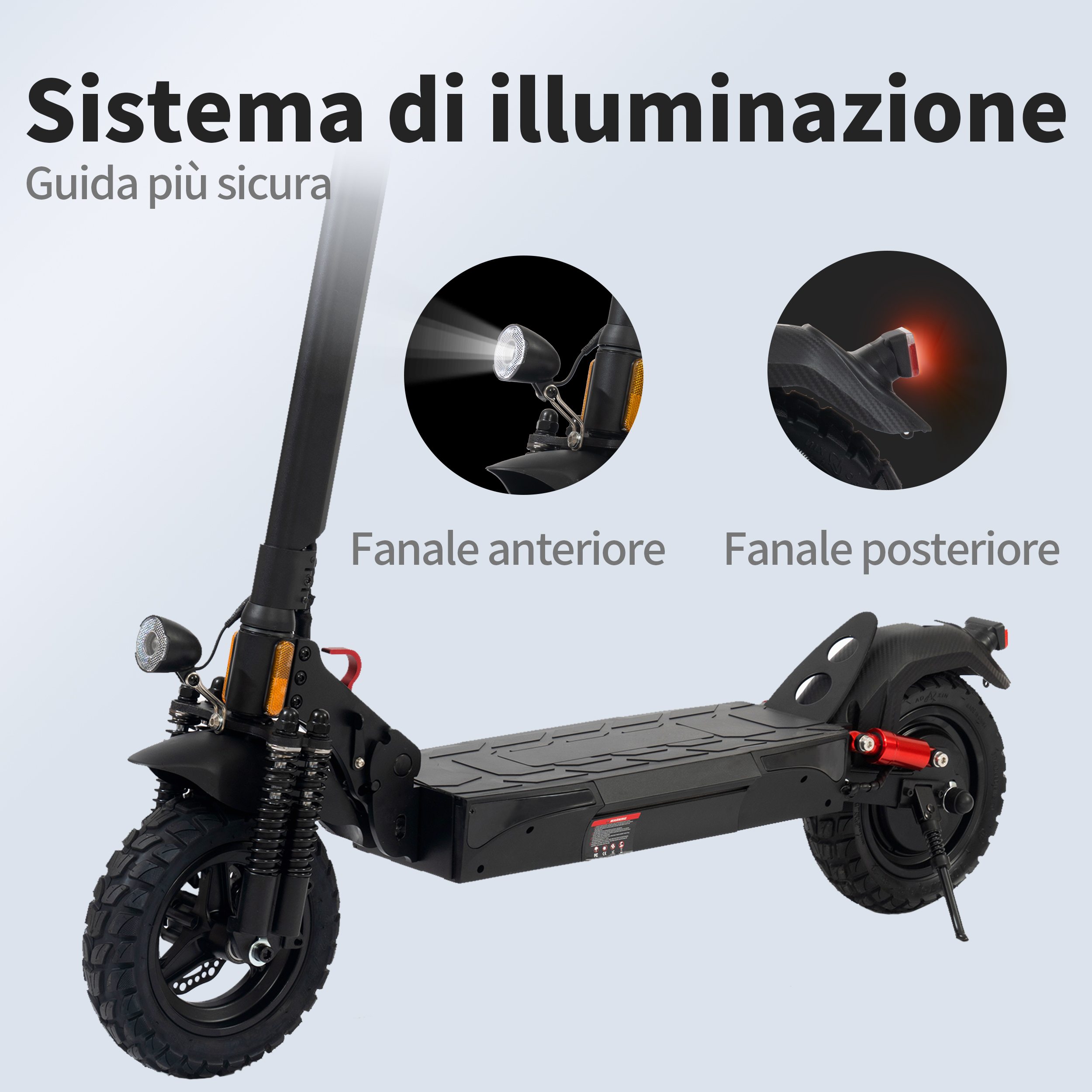 Un monopattino elettrico con luci anteriori e posteriori è in mostra. Lo scooter è nero, con accenti rossi. Testo in italiano visibile.