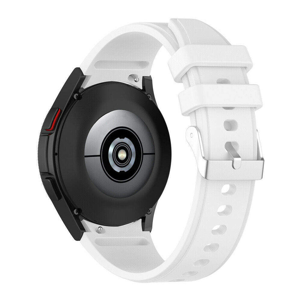 Eine schwarze Smartwatch mit weißem Armband. Die Rückseite der Uhr hat Sensoren. Das Armband ist weiß und mit einer silbernen Schnalle befestigt.