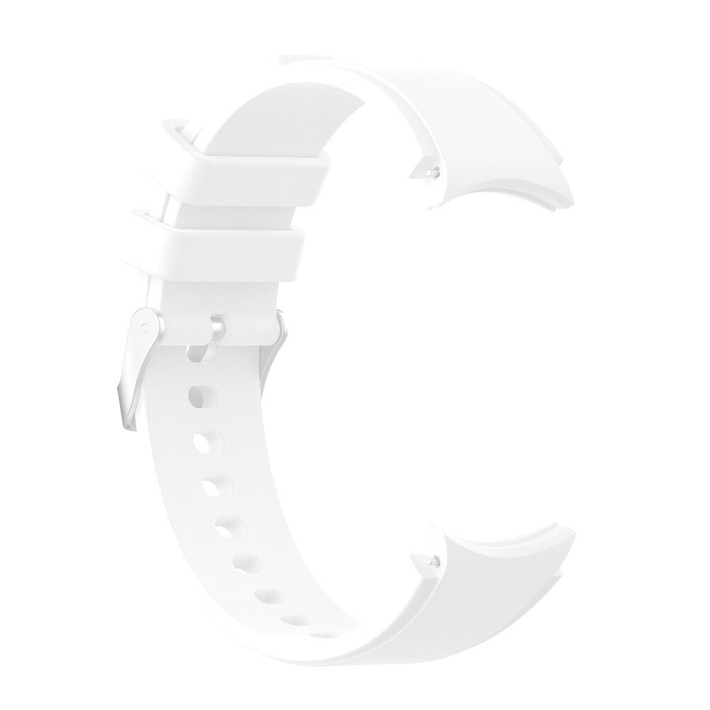 Ein weißes Uhrenarmband wird gezeigt. Es hat eine Schnalle, Löcher und gebogene Enden.