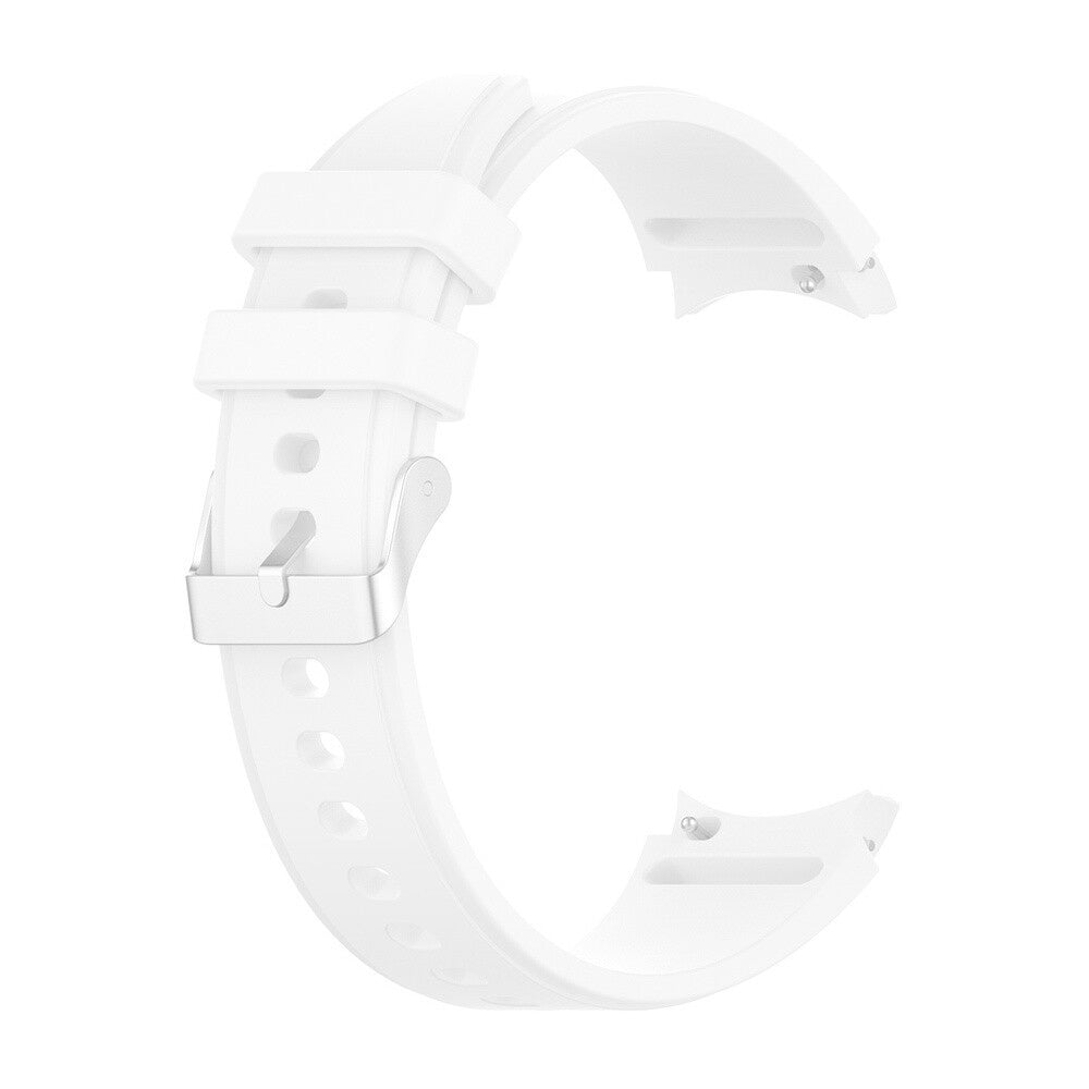Ein weißes Uhrenarmband ist abgebildet. Das Armband besteht aus Silikon und hat eine silberne Schnalle. Der Hintergrund ist weiß.