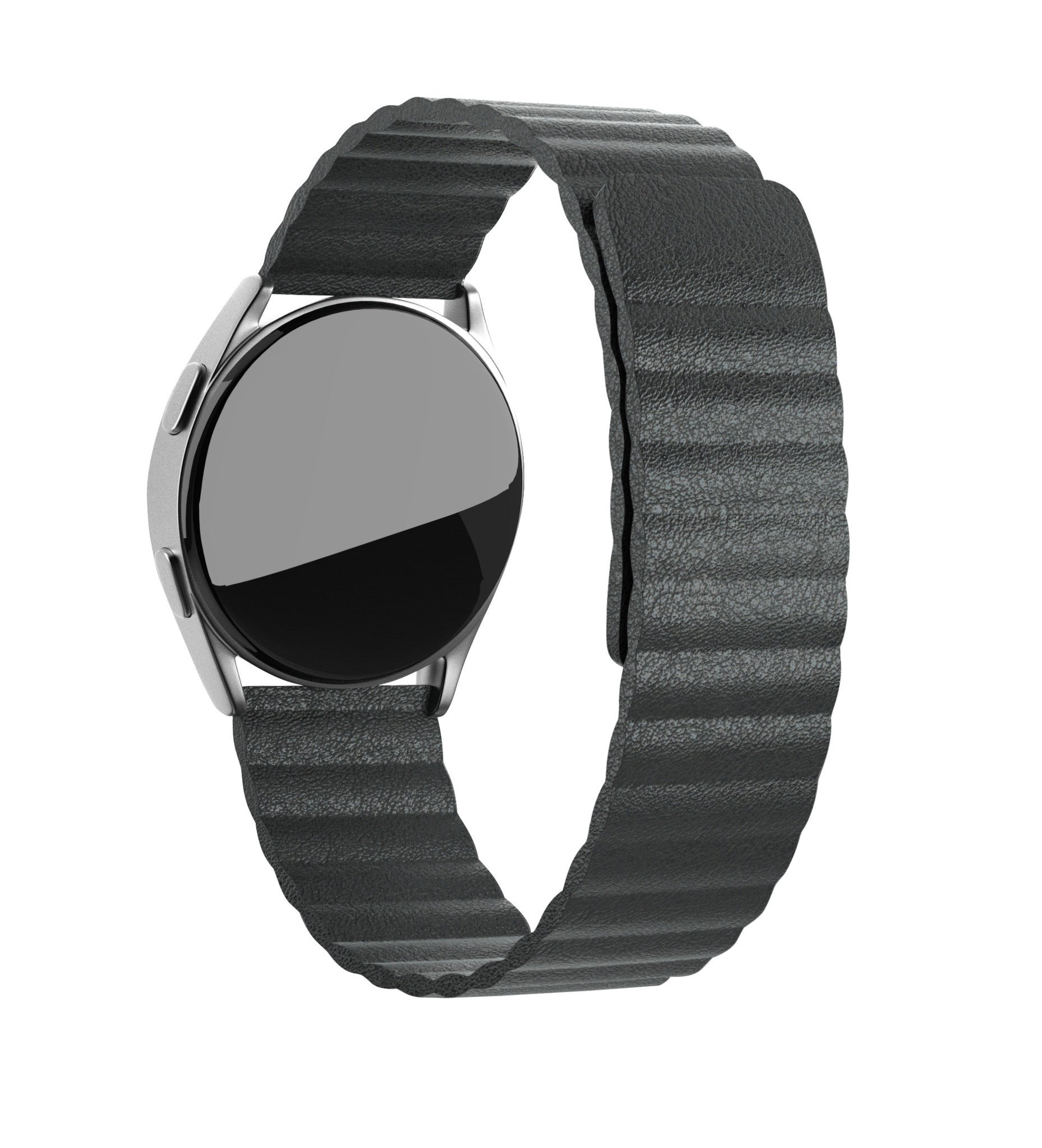 Eine silberne Smartwatch mit schwarzem Bildschirm und schwarzem Lederarmband vor weißem Hintergrund.