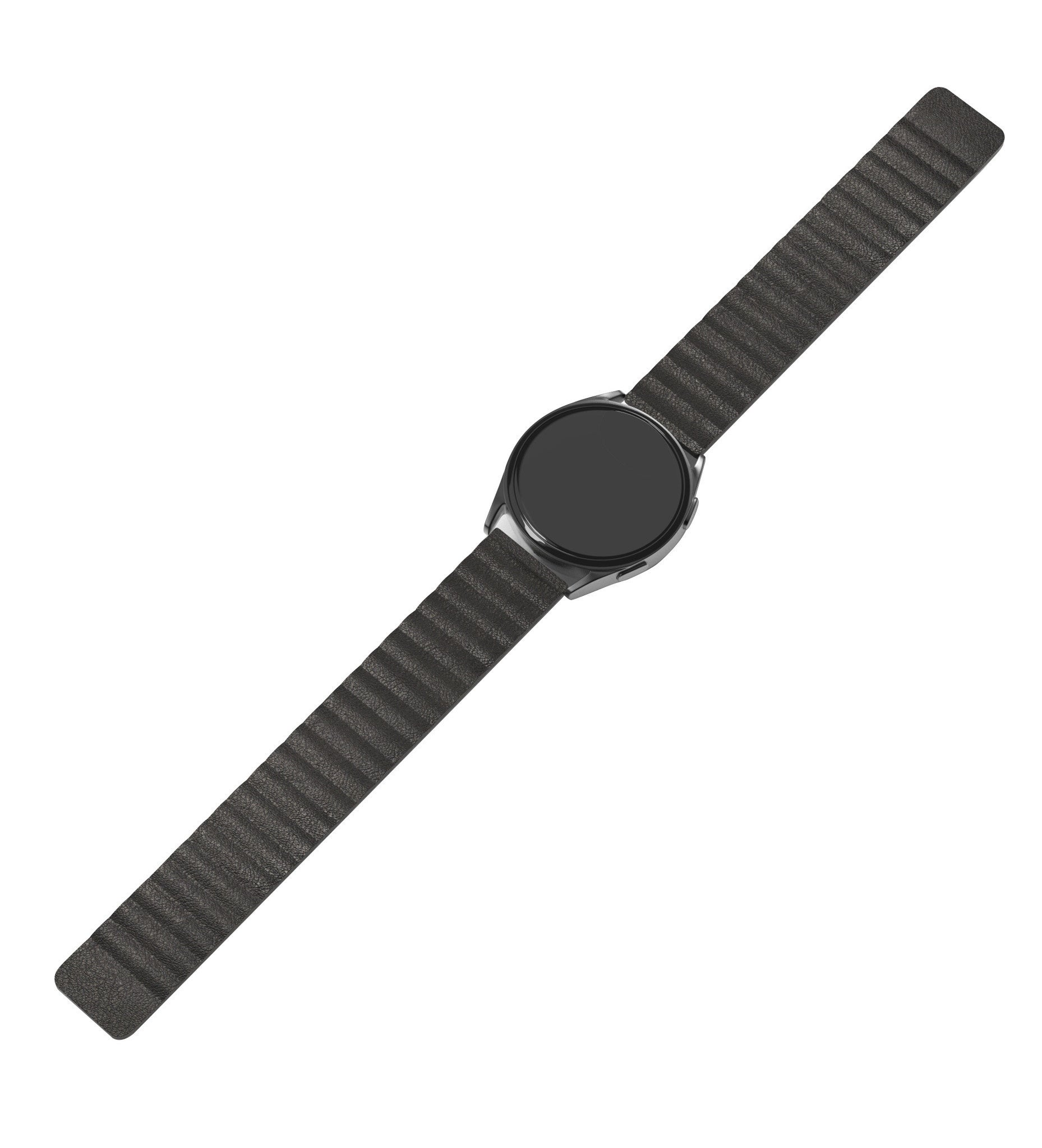 Eine schwarze Smartwatch mit dunkelgrauem, geripptem Armband, vor weißem Hintergrund.
