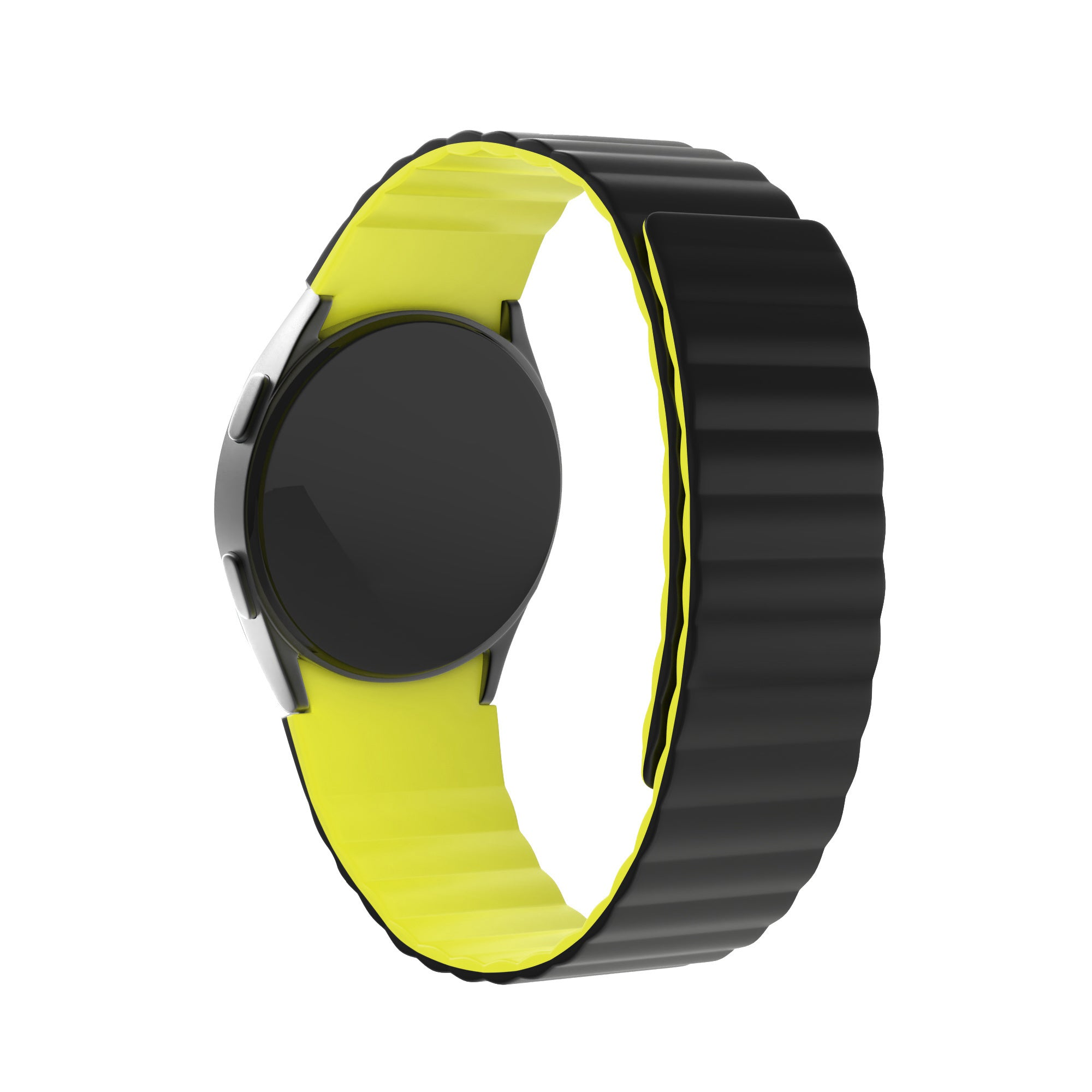Eine schwarze Smartwatch mit gelbem und schwarzem Armband. Das Zifferblatt ist schwarz, das Armband magnetisch.