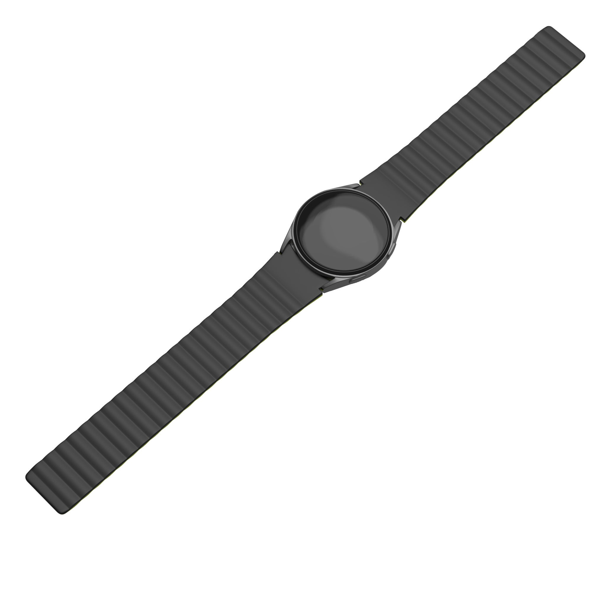 Eine schwarze Smartwatch mit rundem Zifferblatt und strukturiertem Armband liegt diagonal auf weißem Grund.