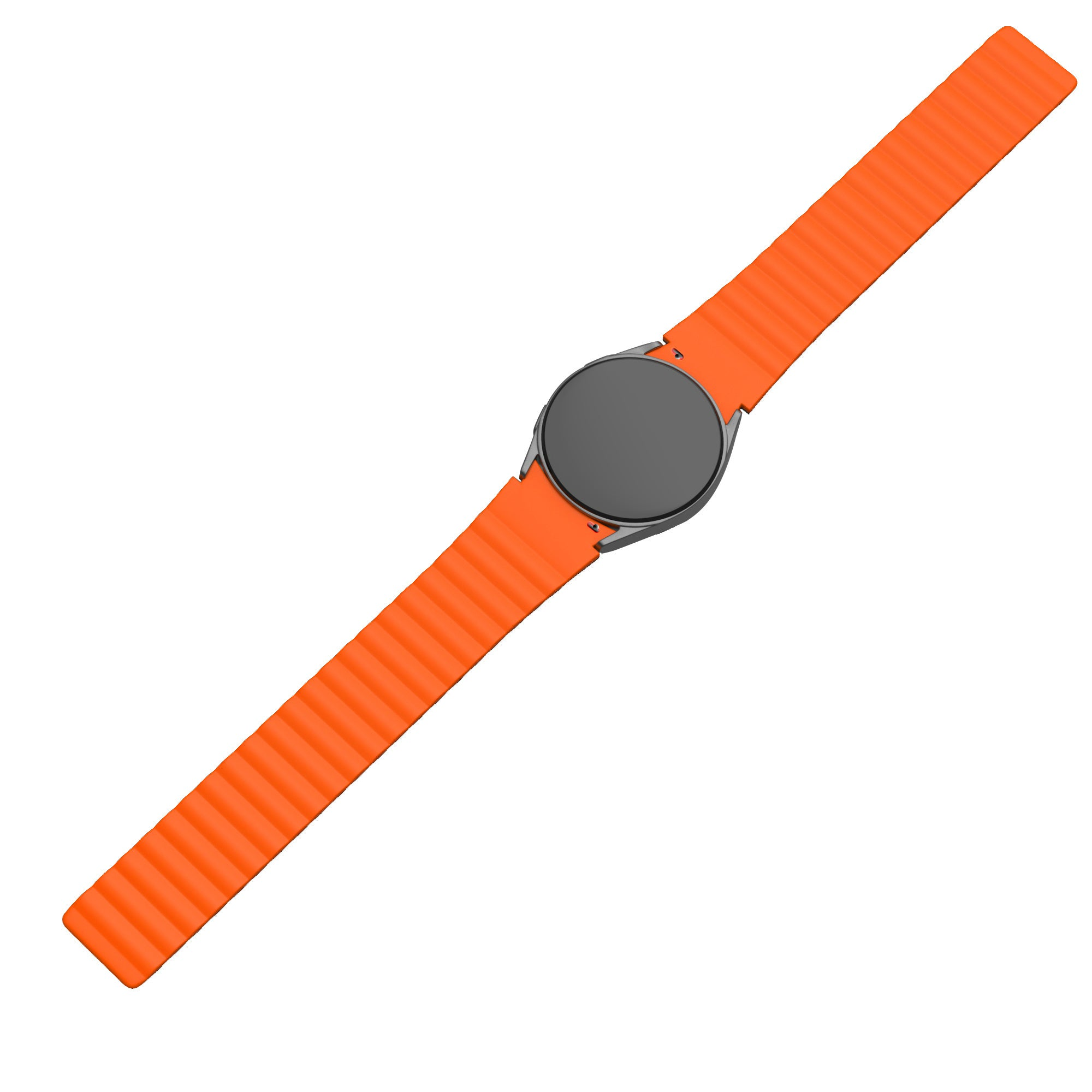 Eine orangefarbene Smartwatch mit schwarzem Bildschirm auf weißem Hintergrund. Das Armband ist ebenfalls orange.