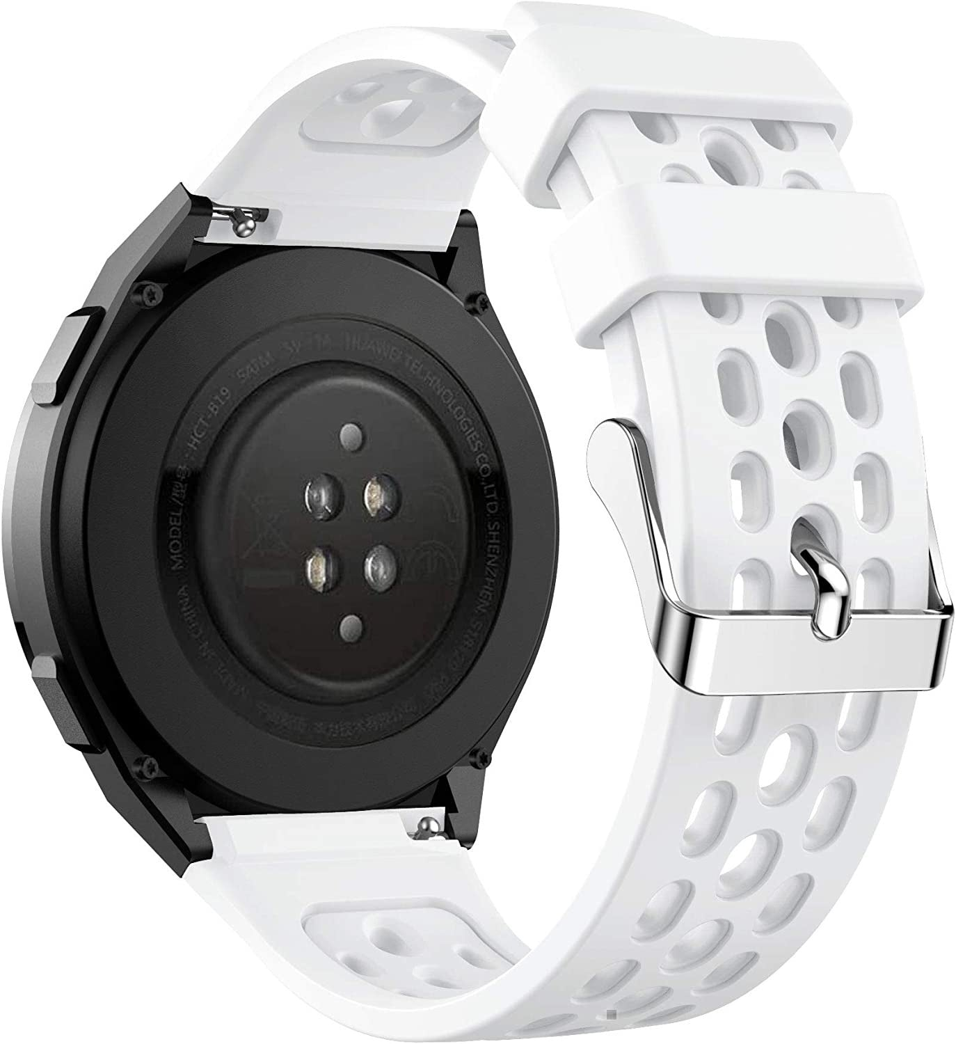 Eine Smartwatch mit schwarzem, rundem Zifferblatt und weißem Armband. Das Armband hat Löcher und eine silberne Schnalle. Die Uhr liegt auf einer weißen Oberfläche.