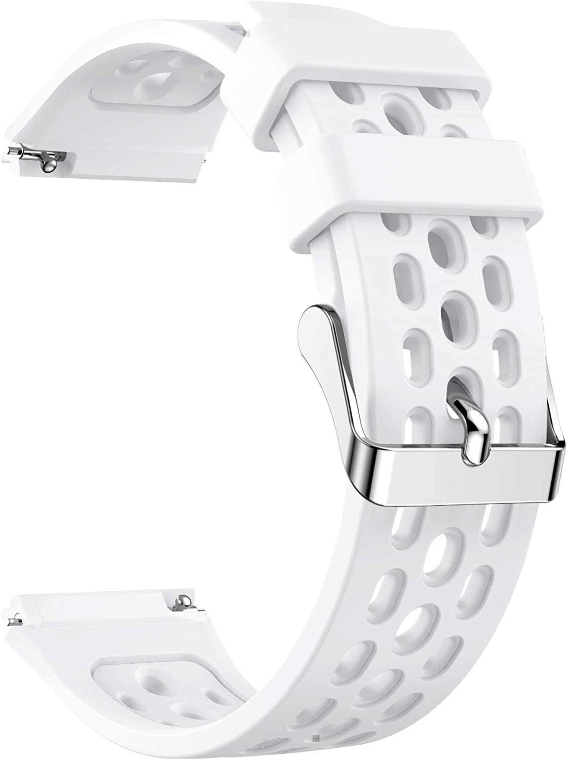 Ein weißes Uhrenarmband wird gezeigt. Es besteht aus Silikon, hat Löcher und eine silberne Schnalle. Das Armband ist auf weißem Hintergrund.