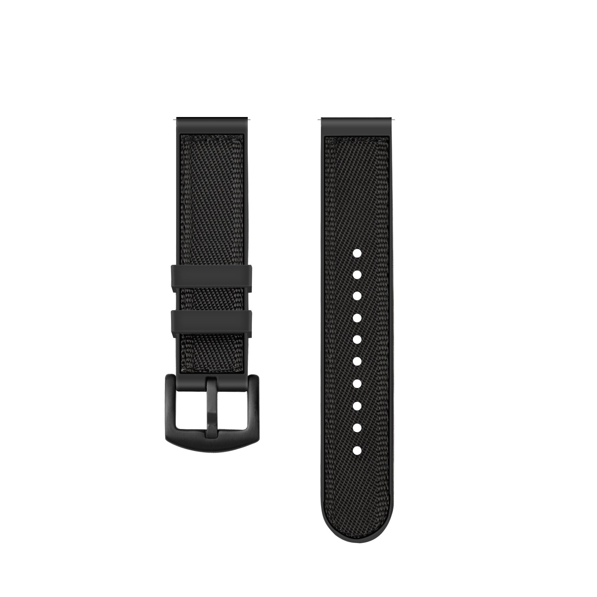 Zwei schwarze Uhrenarmbänder auf weißem Hintergrund. Eines hat eine Schnalle, das andere Löcher.
