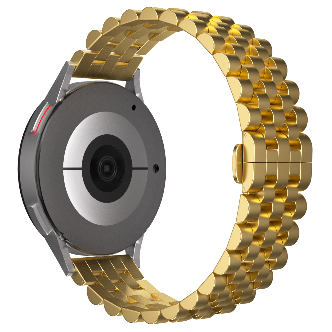 Eine goldene Armbanduhr mit schwarzem Zifferblatt, goldenem Armband und silbernem Rahmen. Die Uhr hat eine Kamera und einen roten Akzent.