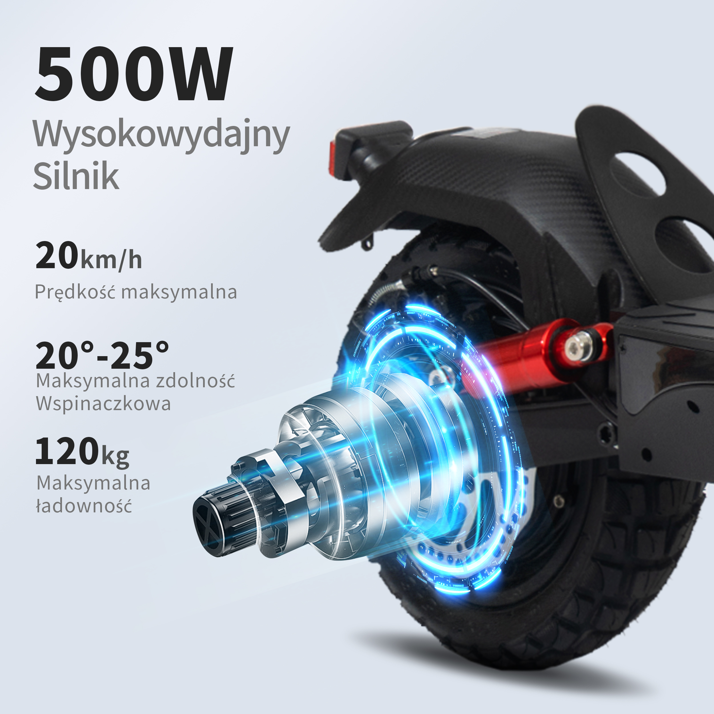Koło hulajnogi elektrycznej ze specyfikacjami: silnik 500W, prędkość maks. 20km/h, zdolność wspinaczki 20-25° i obciążenie 120kg.