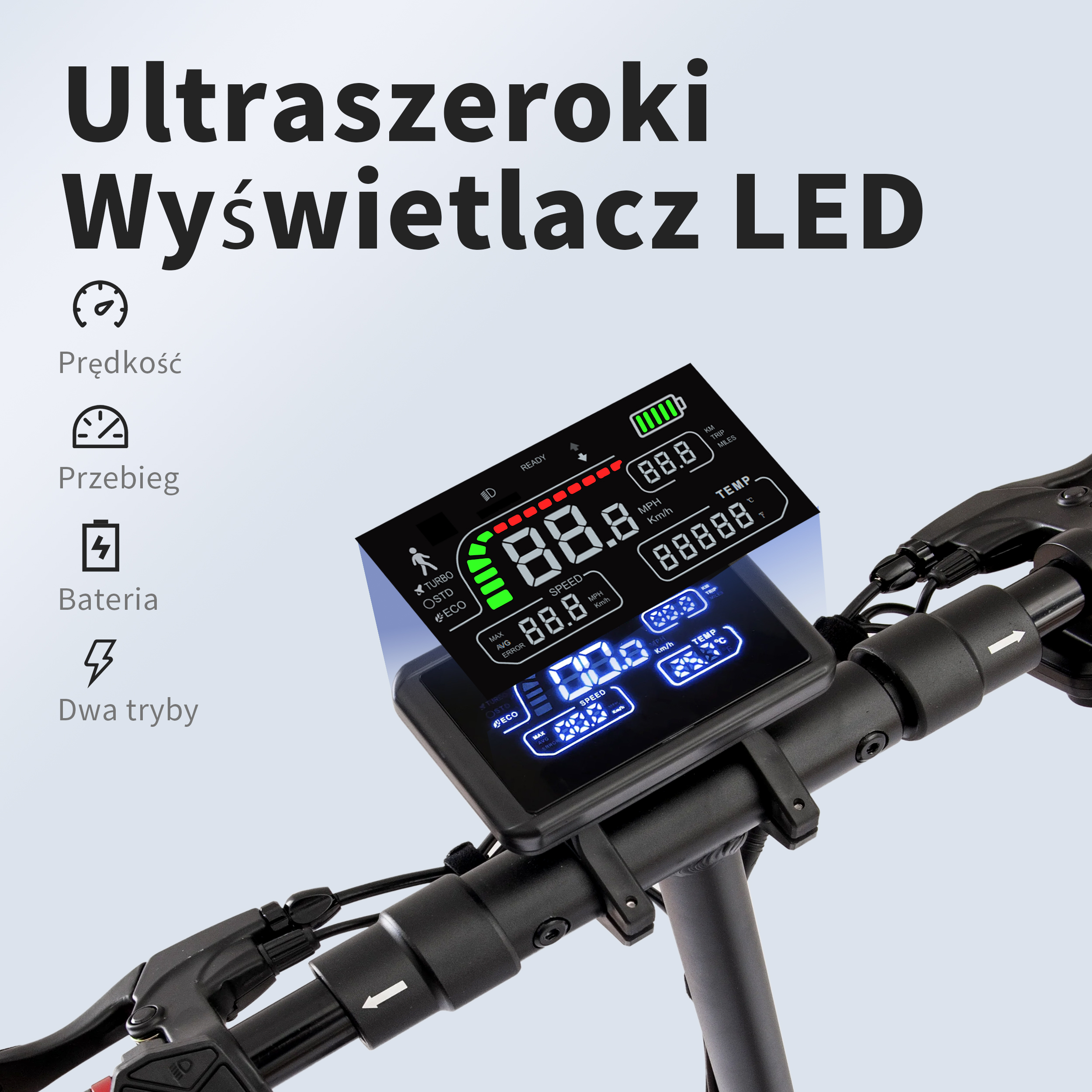 Wyświetlacz LED na czarnej hulajnodze elektrycznej pokazujący prędkość, baterię i inne statystyki. Wyświetlacz jest czarny z białym i zielonym tekstem.