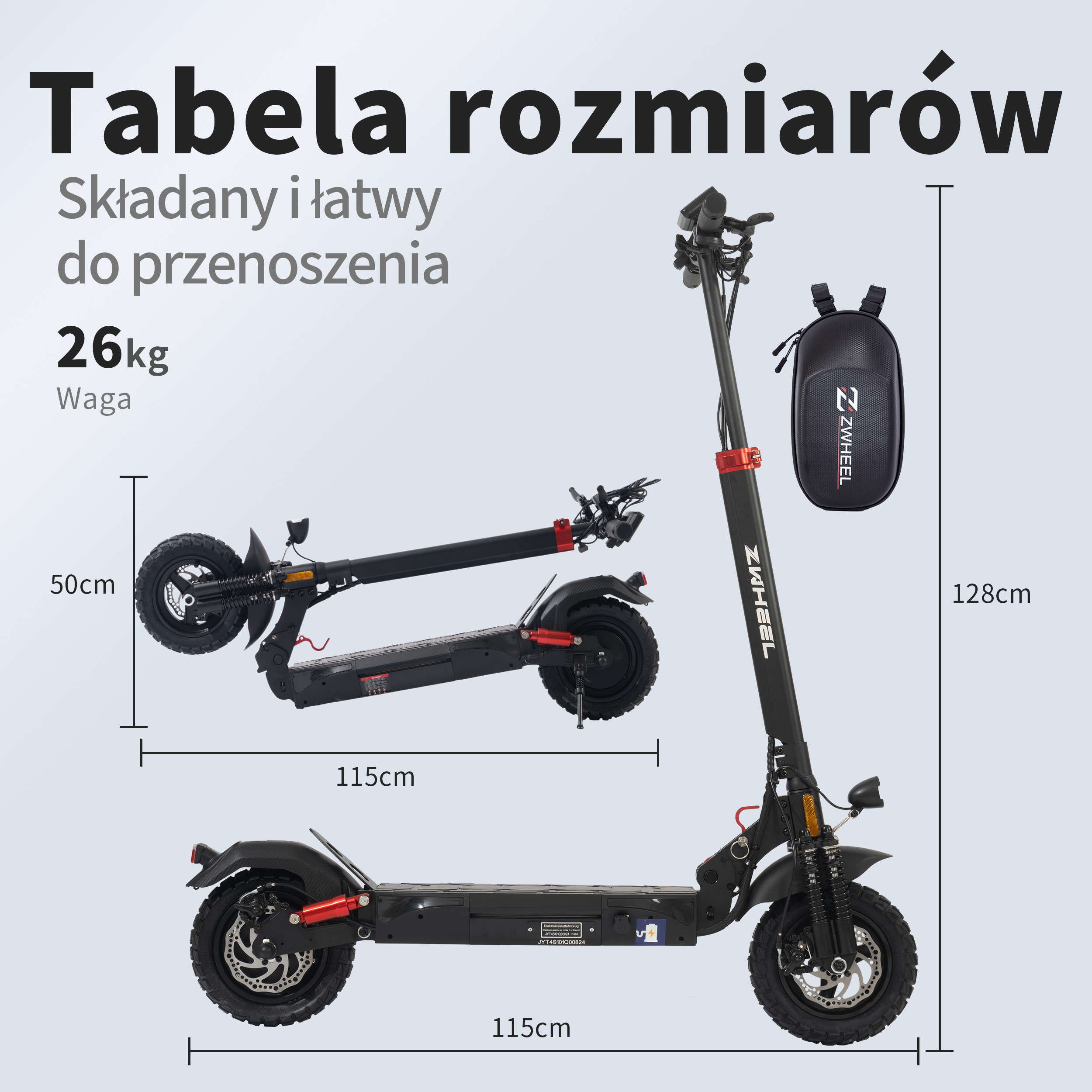 Hulajnoga elektryczna z wymiarami i szczegółami wagi. Czarna z czerwonymi akcentami, pokazana złożona i rozłożona.