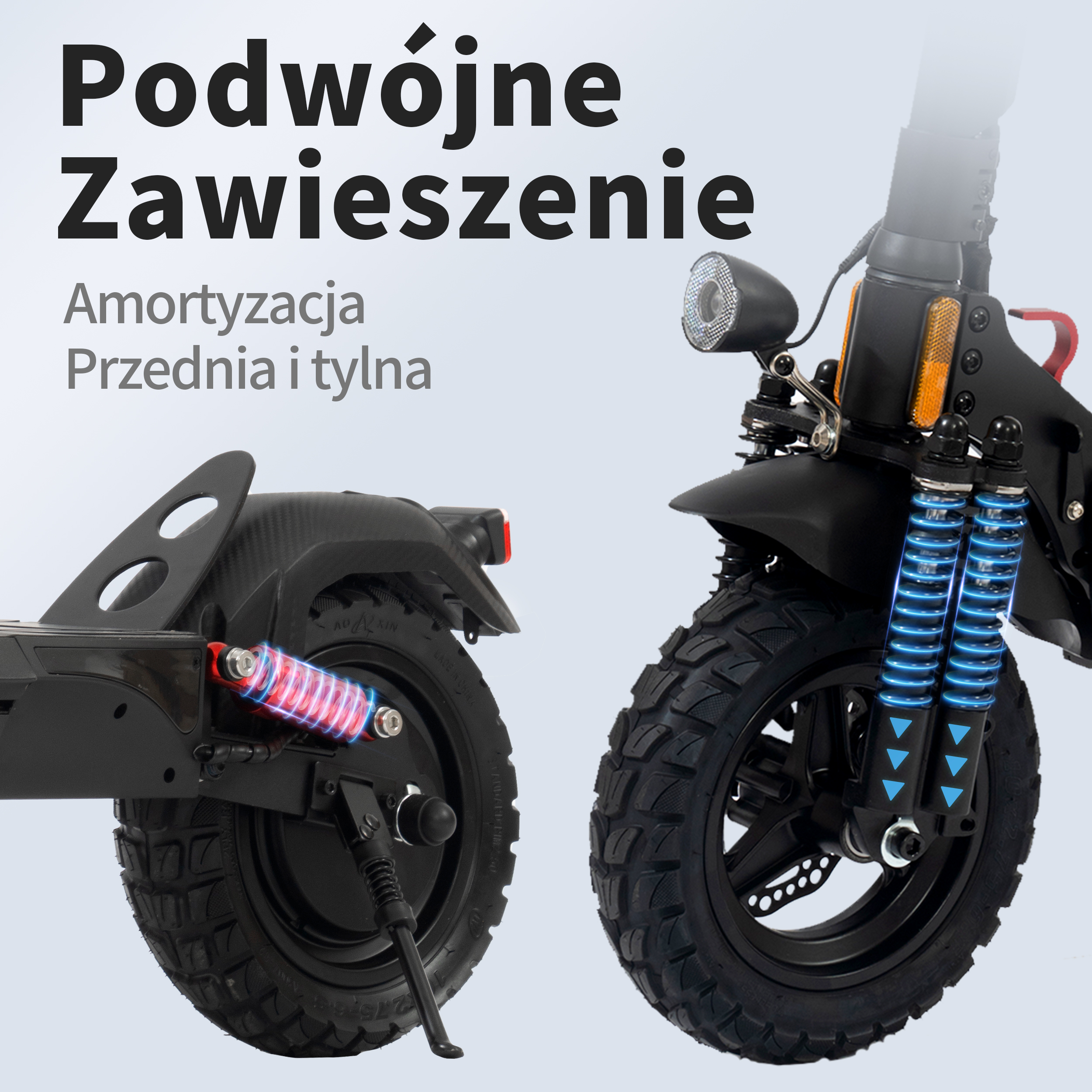 Przedstawiono hulajnogę elektryczną z przednim i tylnym zawieszeniem. Opony są czarne, a zawieszenie jest podświetlone.