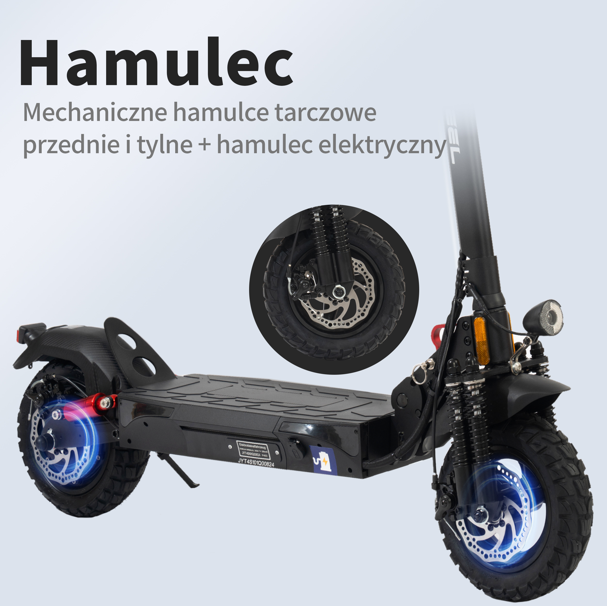 Czarna hulajnoga elektryczna z hamulcami tarczowymi i dużymi oponami. U góry napis 'Hamulec'.