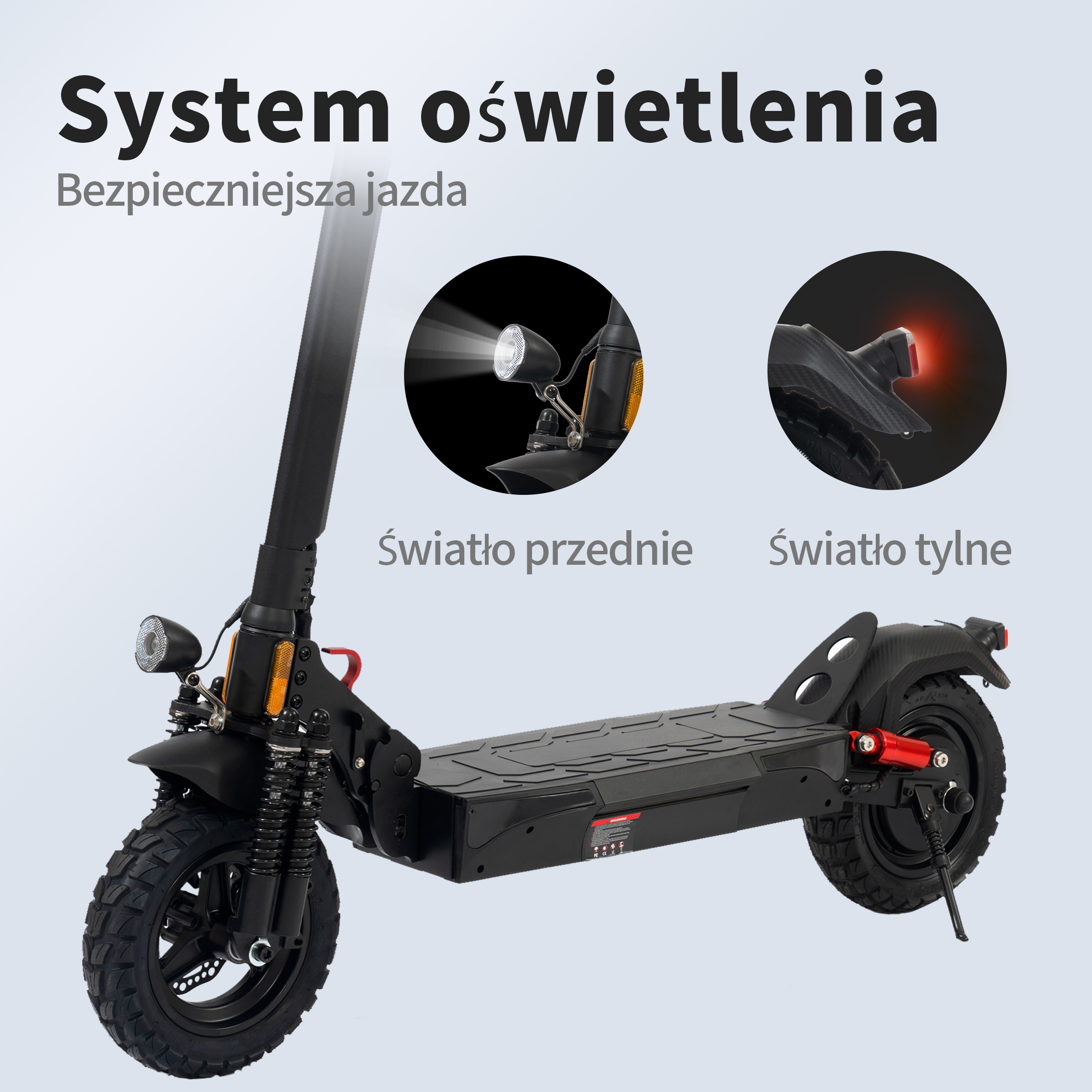 Czarny skuter elektryczny z przednimi i tylnymi światłami. Tekst mówi 'System oswietlenia' i 'Bezpieczniejsza jazda'.