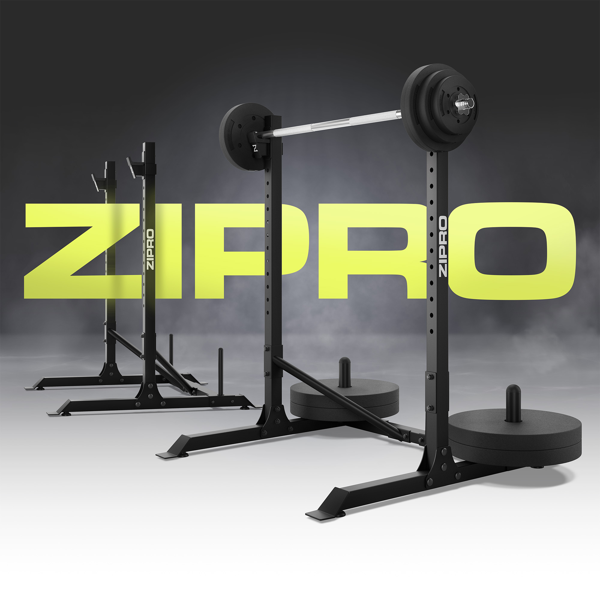 Eine Fitnessstudio-Szene mit schwarzen Hantelgestellen und Gewichten. Das gelbe ZIPRO-Logo ist prominent dargestellt.