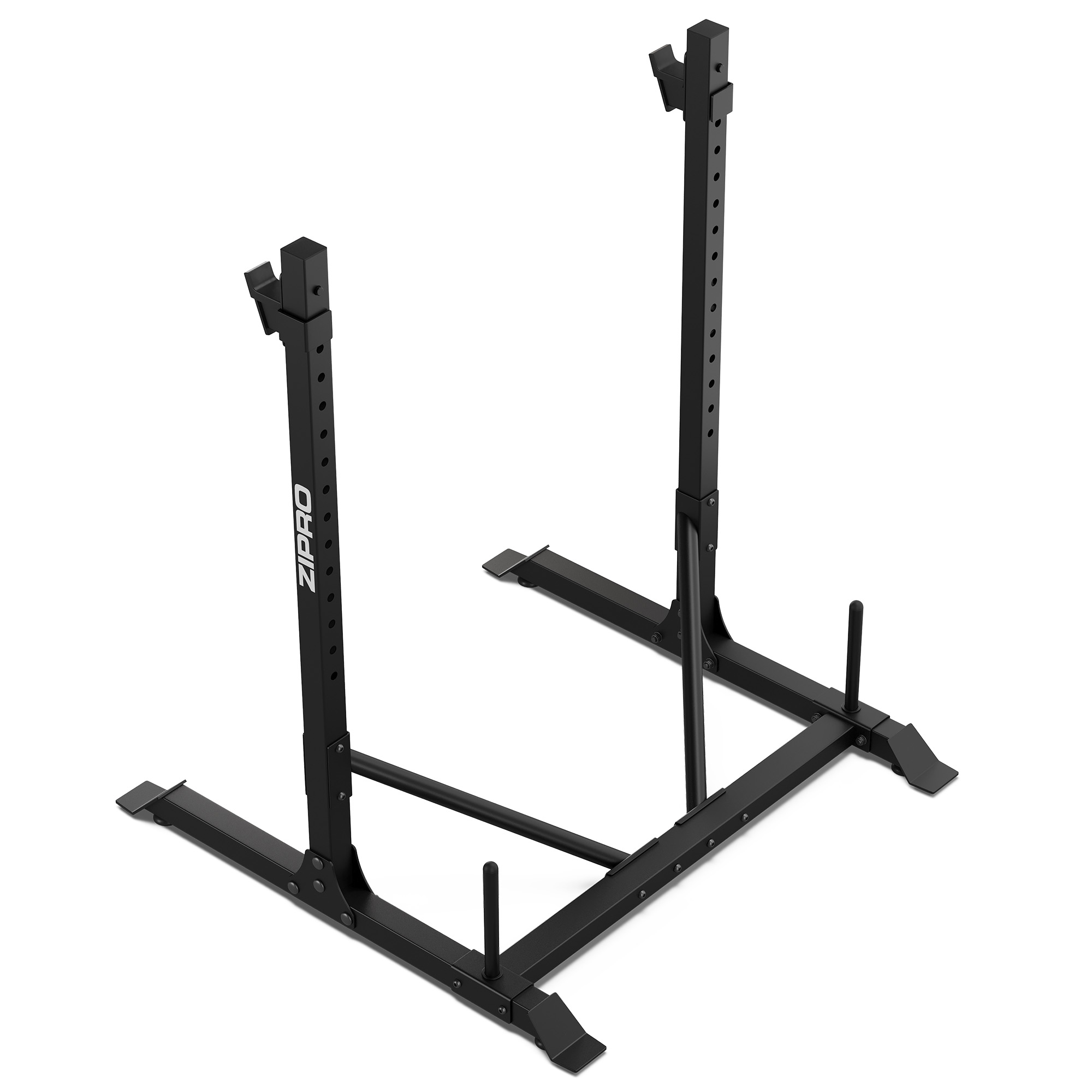 Schwarzes Gewichtheber-Rack mit zwei Pfosten und einer Basis. Das ZIPRO-Logo ist sichtbar. Es ist vor weißem Hintergrund platziert.