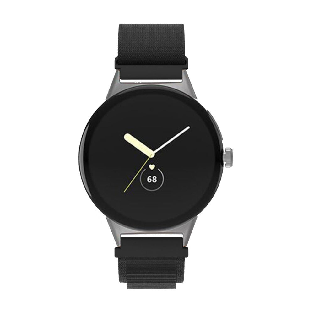 Eine schwarze Smartwatch mit rundem Zifferblatt, silbernem Gehäuse und schwarzen Armbändern. Die Uhr zeigt einen weißen Zeiger und eine Zahl.