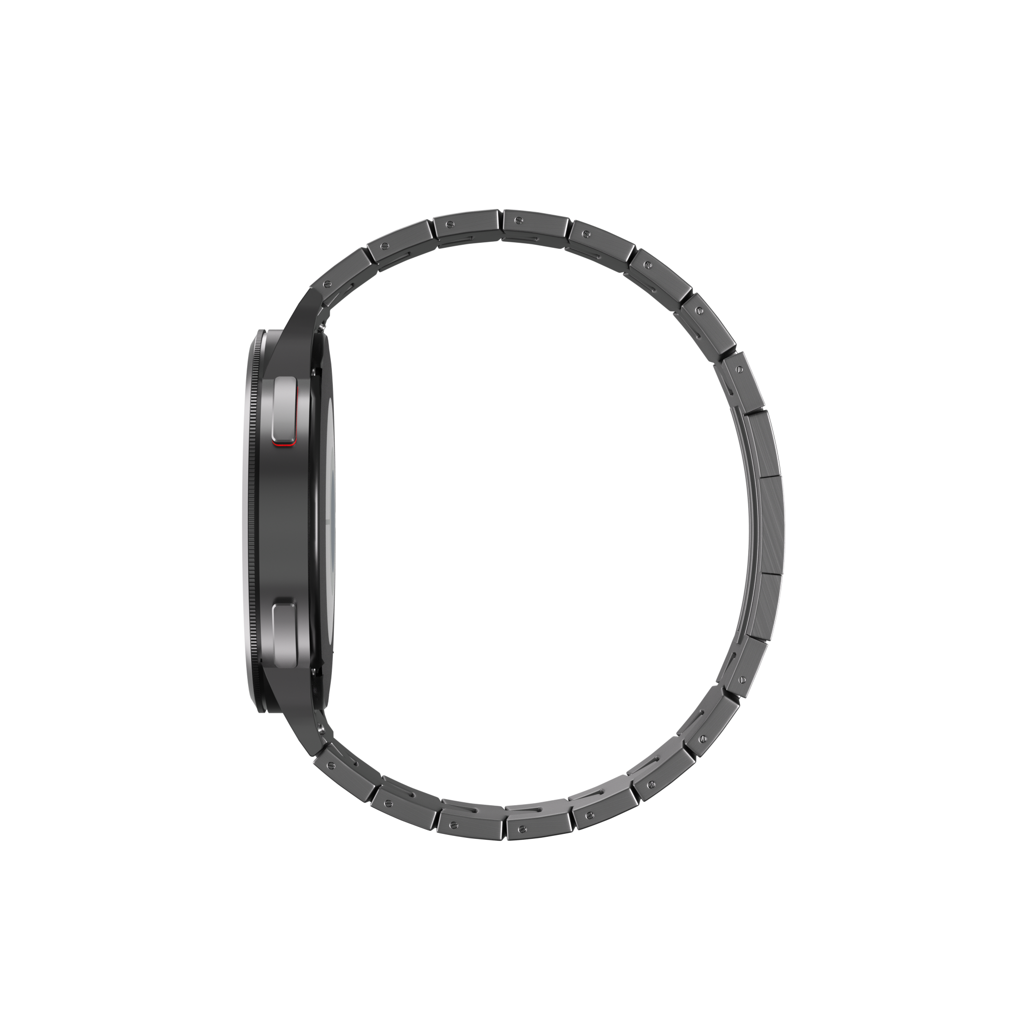 Seitenansicht einer dunkelgrauen Smartwatch mit Metallband. Das Band ist gebogen. Der Hintergrund hat Farbverlauf.
