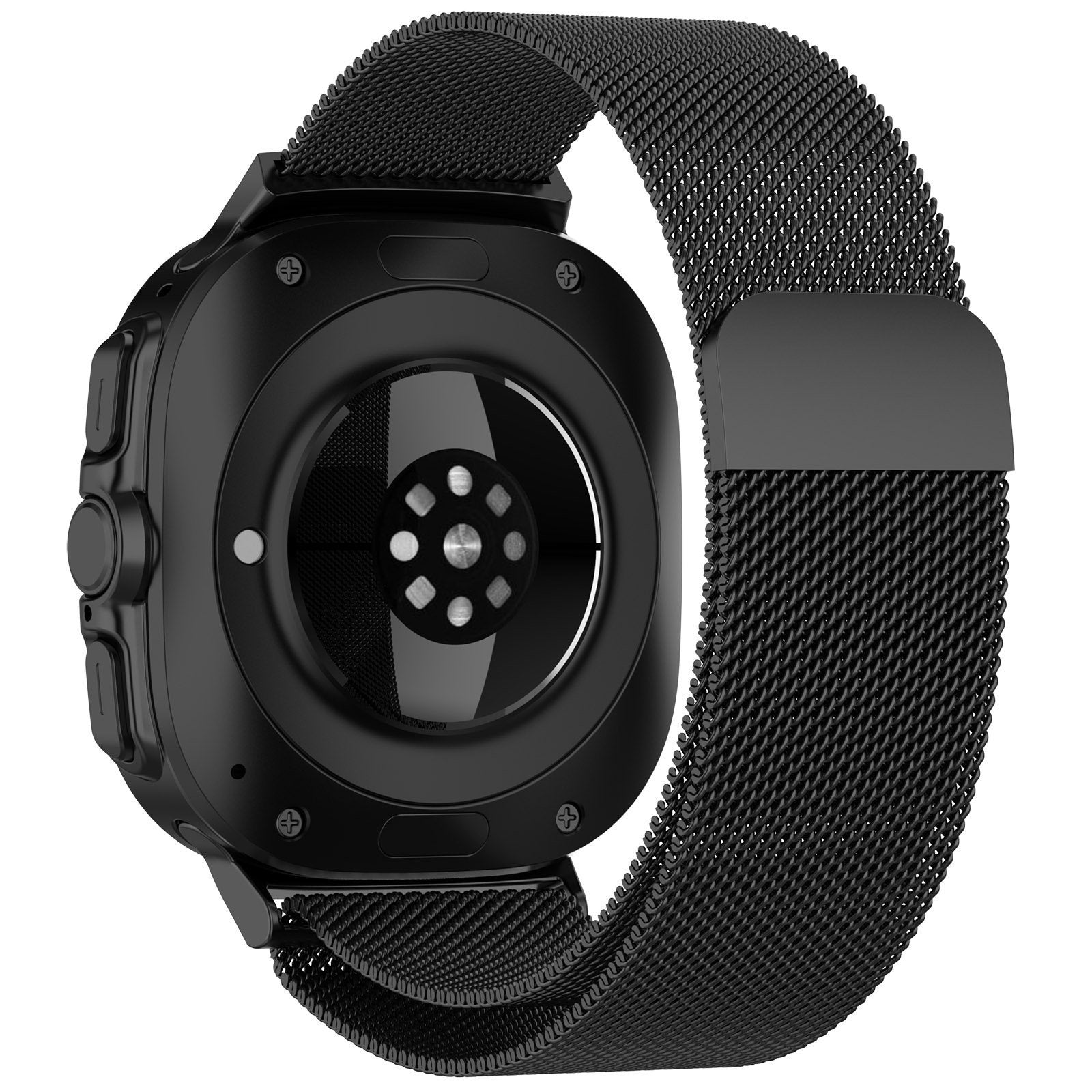Schwarze Smartwatch mit Mesh-Armband, Unterseite mit Sensoren. Das Armband ist teilweise um die Uhr gewickelt.