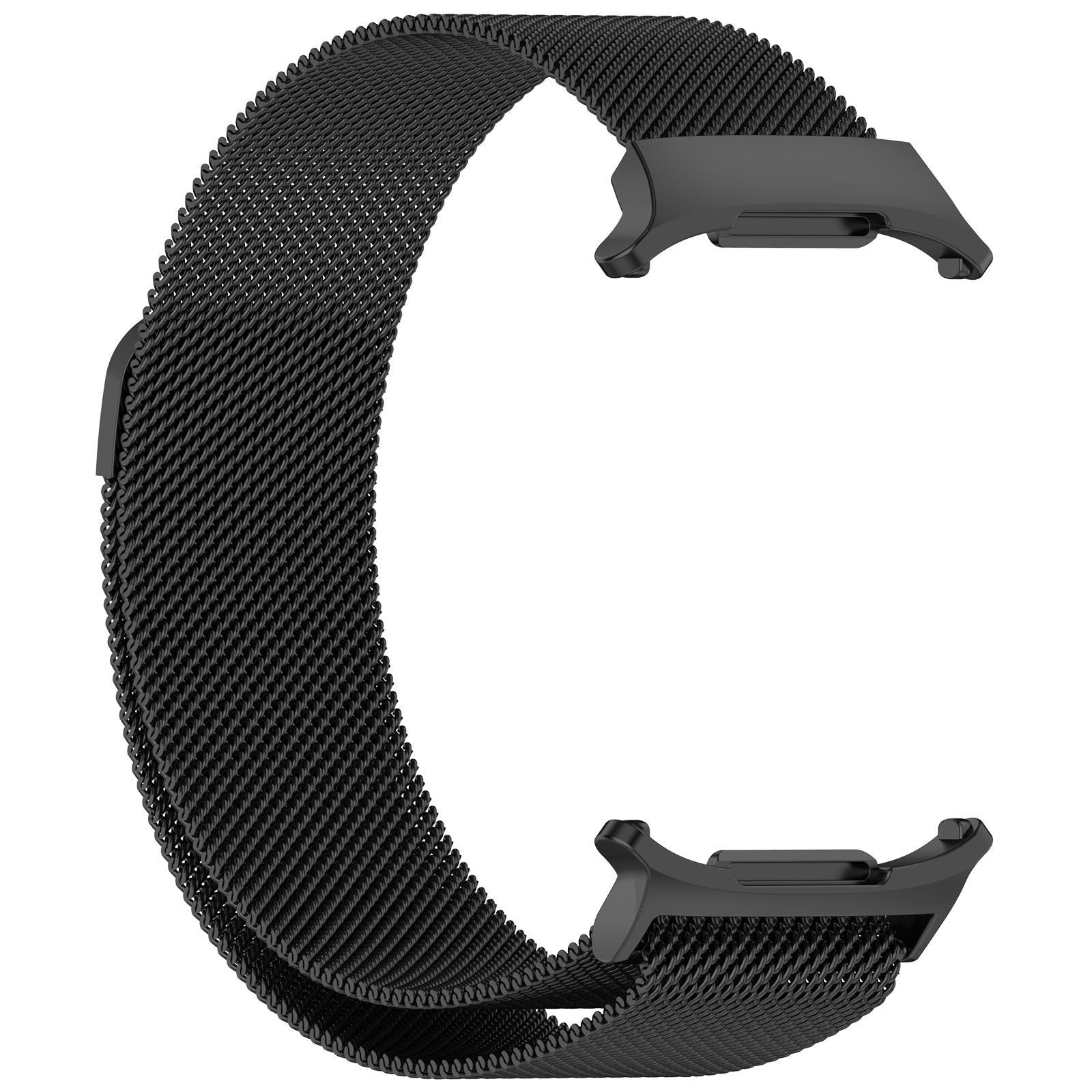 Ein schwarzes Uhrenarmband aus gewebtem Metallgeflecht. Es hat eine gebogene Form und zwei Anschlüsse an jedem Ende zum Befestigen an einer Uhr.