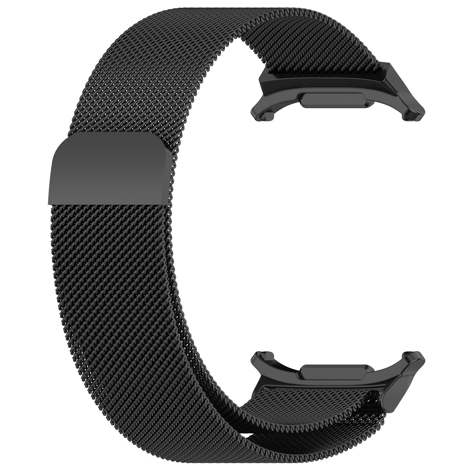 Ein schwarzes Uhrenarmband aus Mesh. Es hat an jedem Ende zwei Anschlüsse. Der Hintergrund ist weiß.