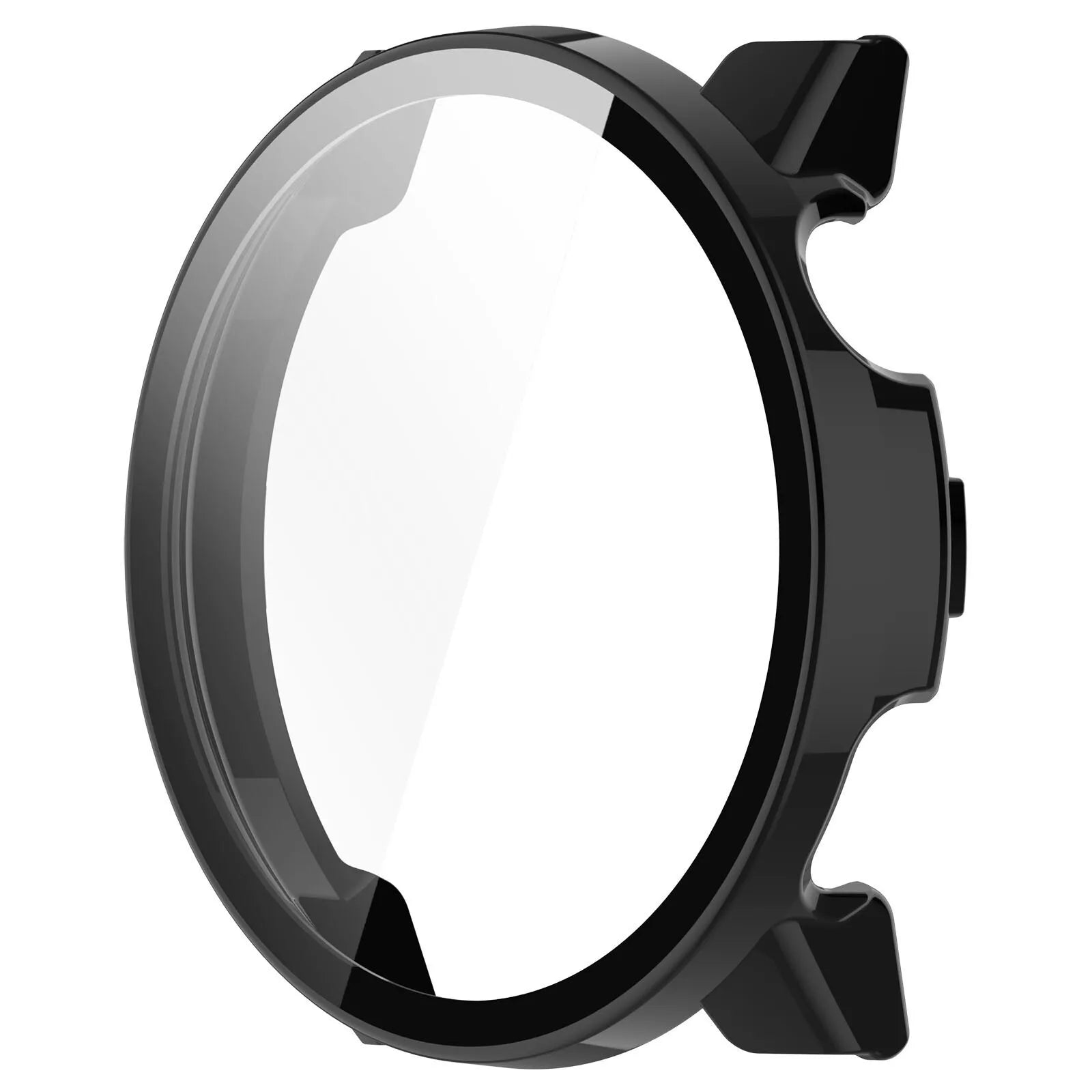 Eine schwarze Uhrenlünette mit transparentem Bildschirm. Die Lünette ist gebogen und glänzend, mit einem Knopf an der Seite.