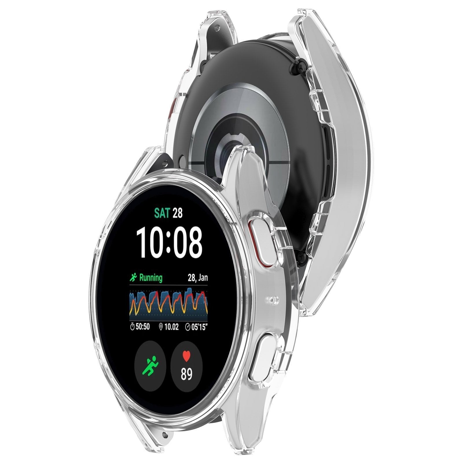 Eine Smartwatch mit transparentem Schutzgehäuse. Die Uhr zeigt Zeit, Datum und Laufstatistiken an. Das Gehäuse ist durchsichtig.